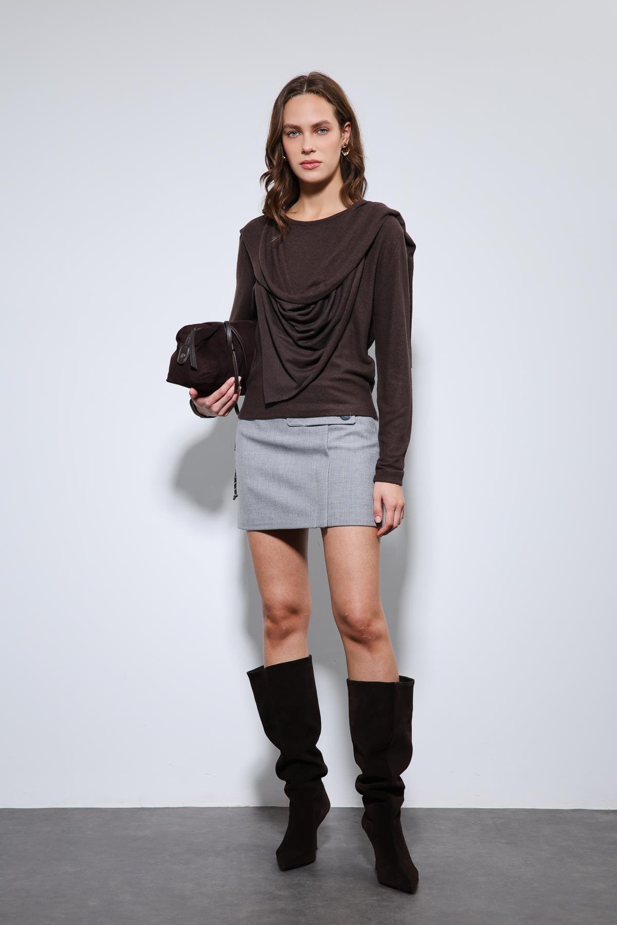 Antioch Kahve Drapeli Şal Detaylı Top