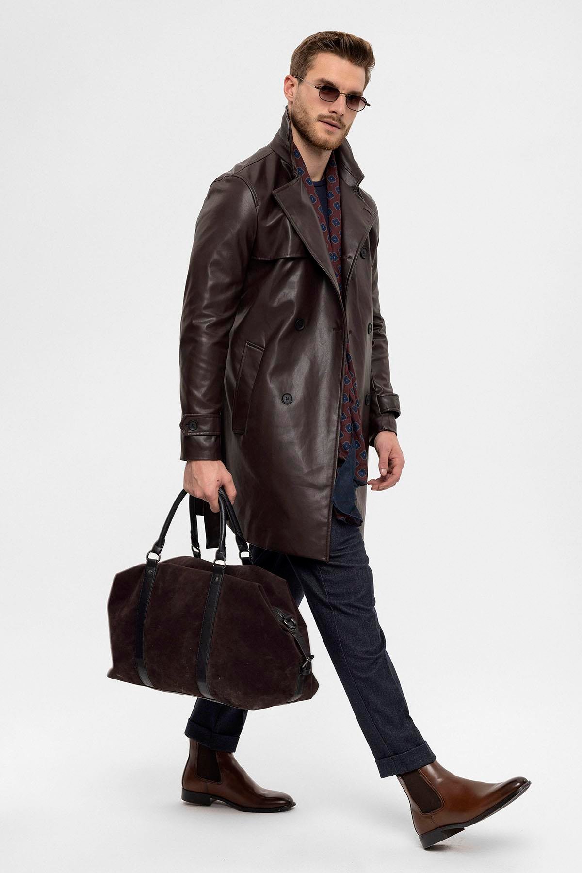 Antioch Kahve Erkek Kemer Detaylı Kruvaze Suni Deri Trençkot