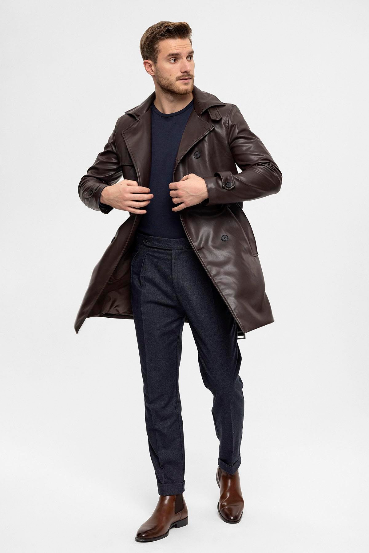 Antioch Kahve Erkek Kemer Detaylı Kruvaze Suni Deri Trençkot