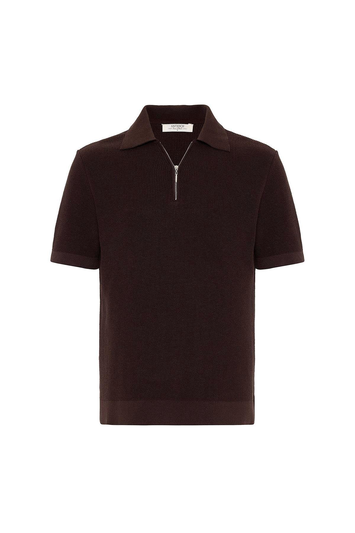 Antioch Kahve Fermuarlı Dokuma Erkek Triko T-Shirt