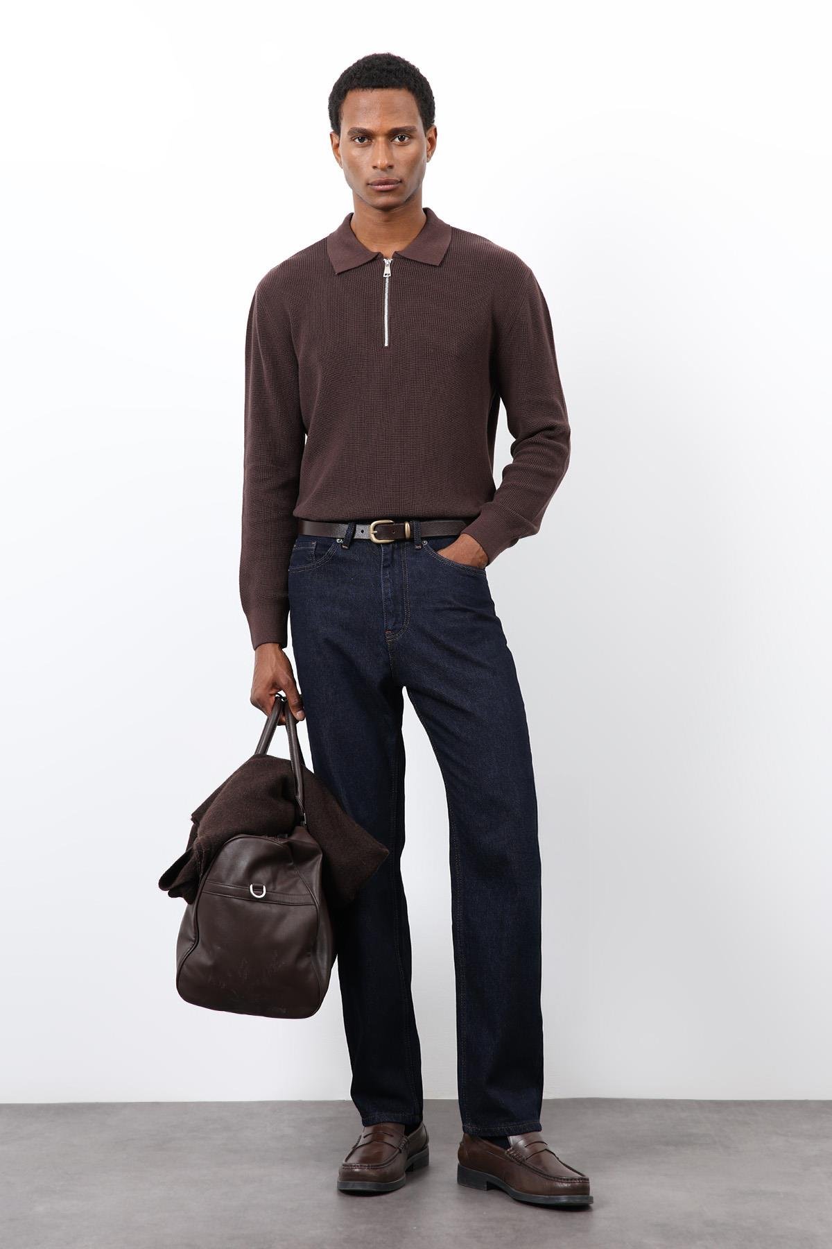 Antioch Kahve Fermuarlı Erkek Triko Kazak