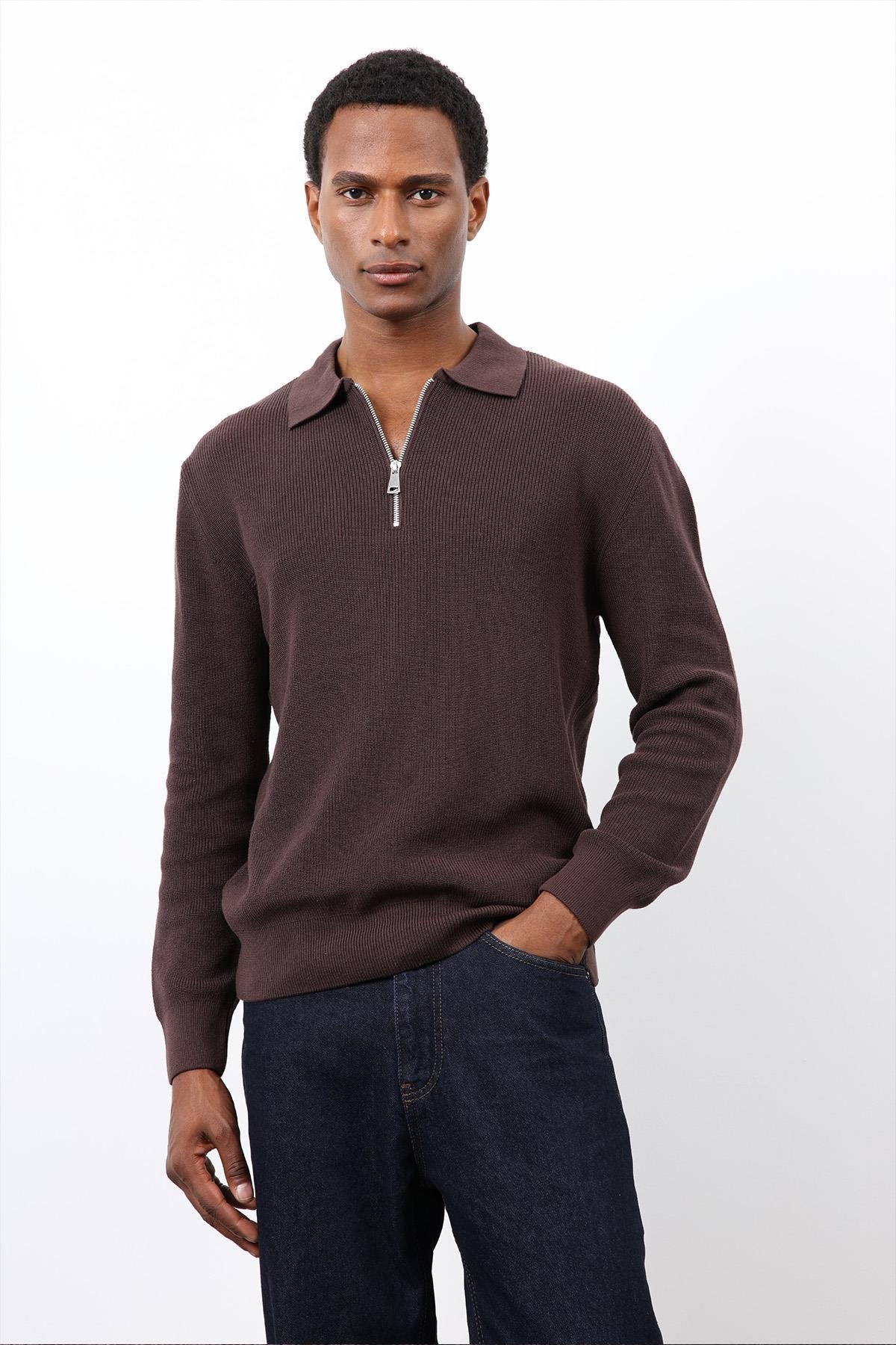 Antioch Kahve Fermuarlı Erkek Triko Kazak