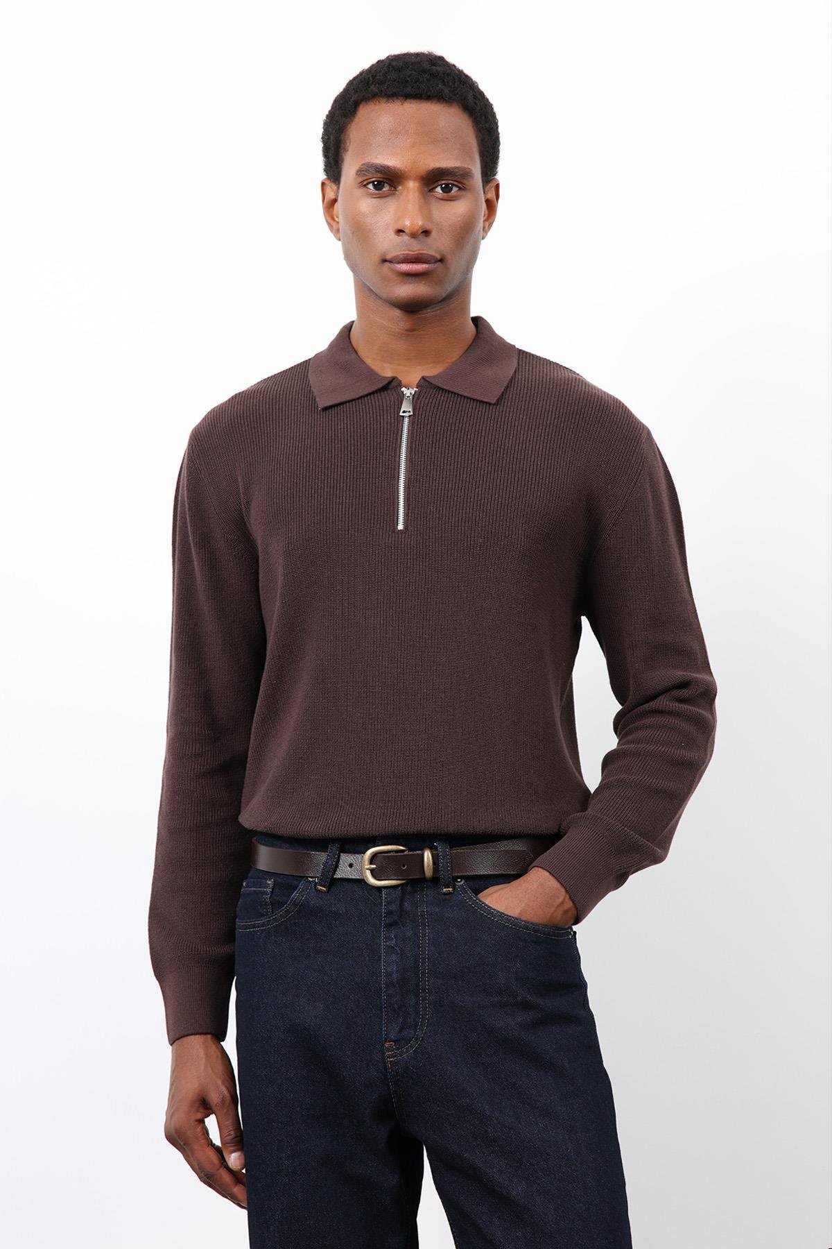 Antioch Kahve Fermuarlı Erkek Triko Kazak