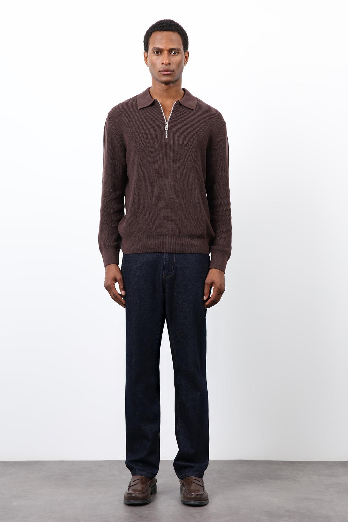 Antioch Kahve Fermuarlı Erkek Triko Kazak