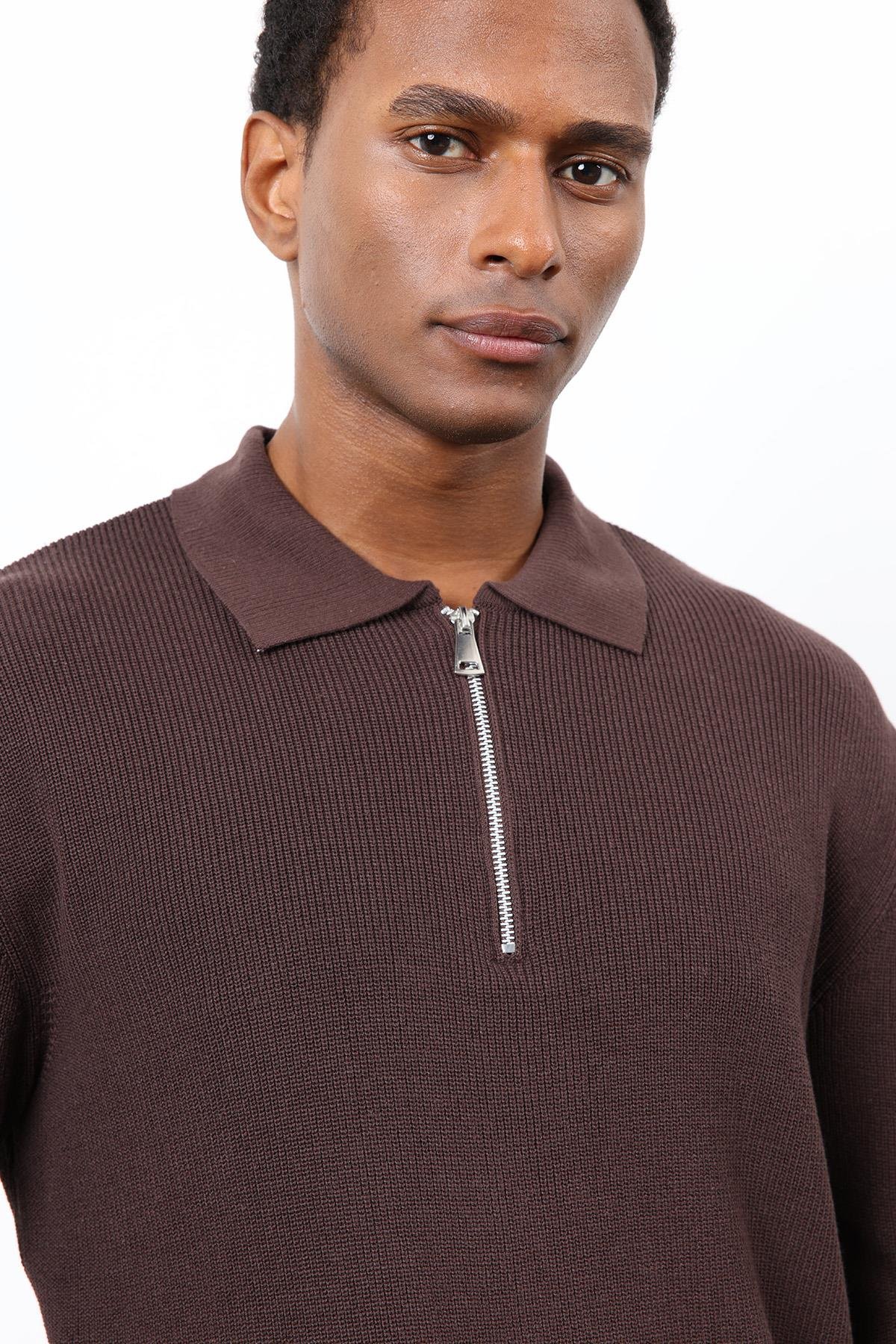 Antioch Kahve Fermuarlı Erkek Triko Kazak