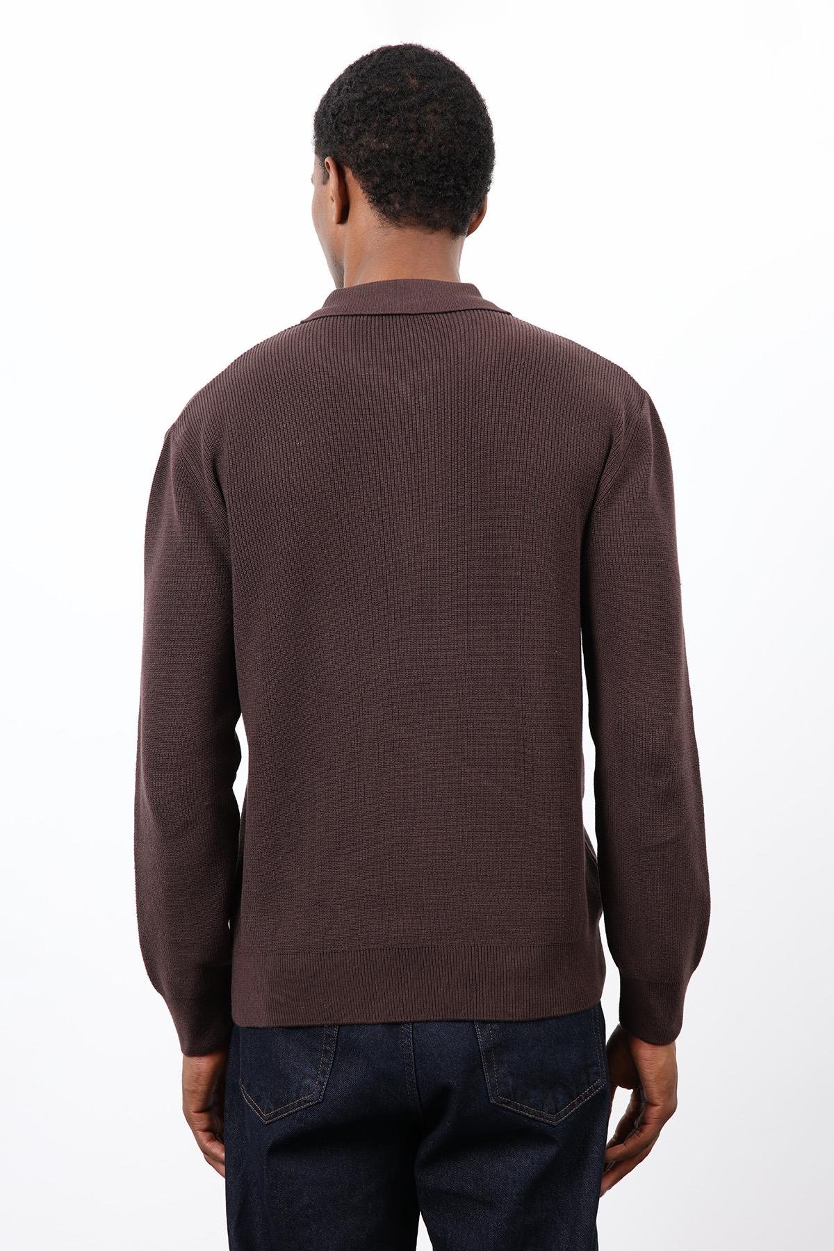 Antioch Kahve Fermuarlı Erkek Triko Kazak