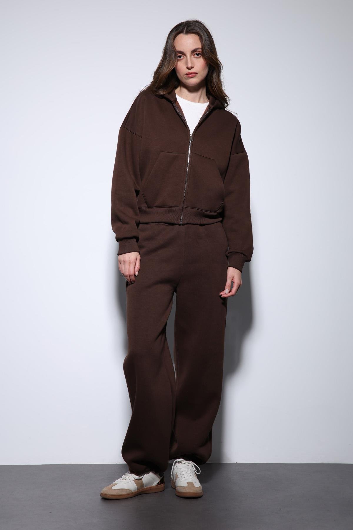 Antioch Kahve Fermuarlı Kapüşanlı Kadın Sweatshirt