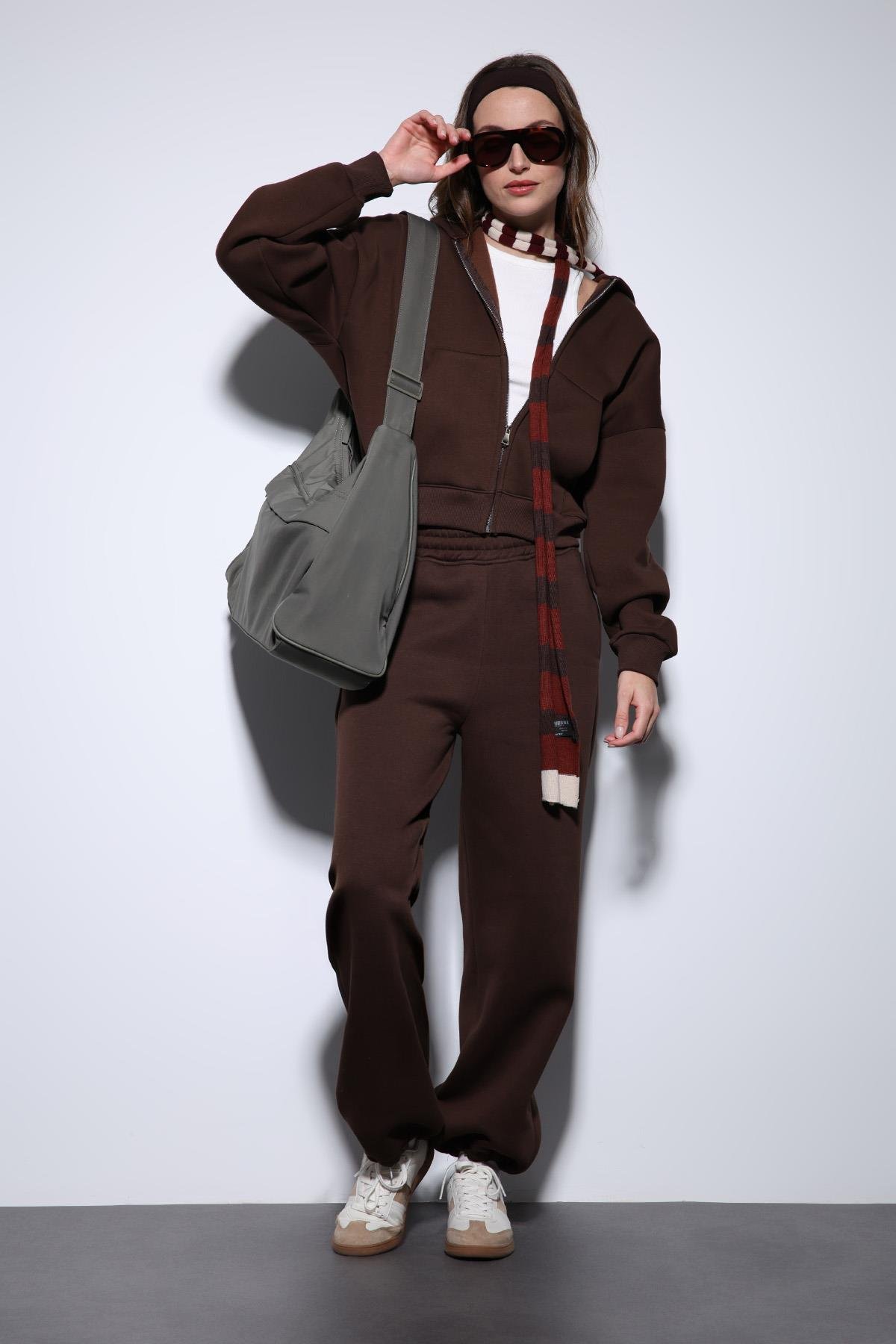 Antioch Kahve Fermuarlı Kapüşanlı Kadın Sweatshirt