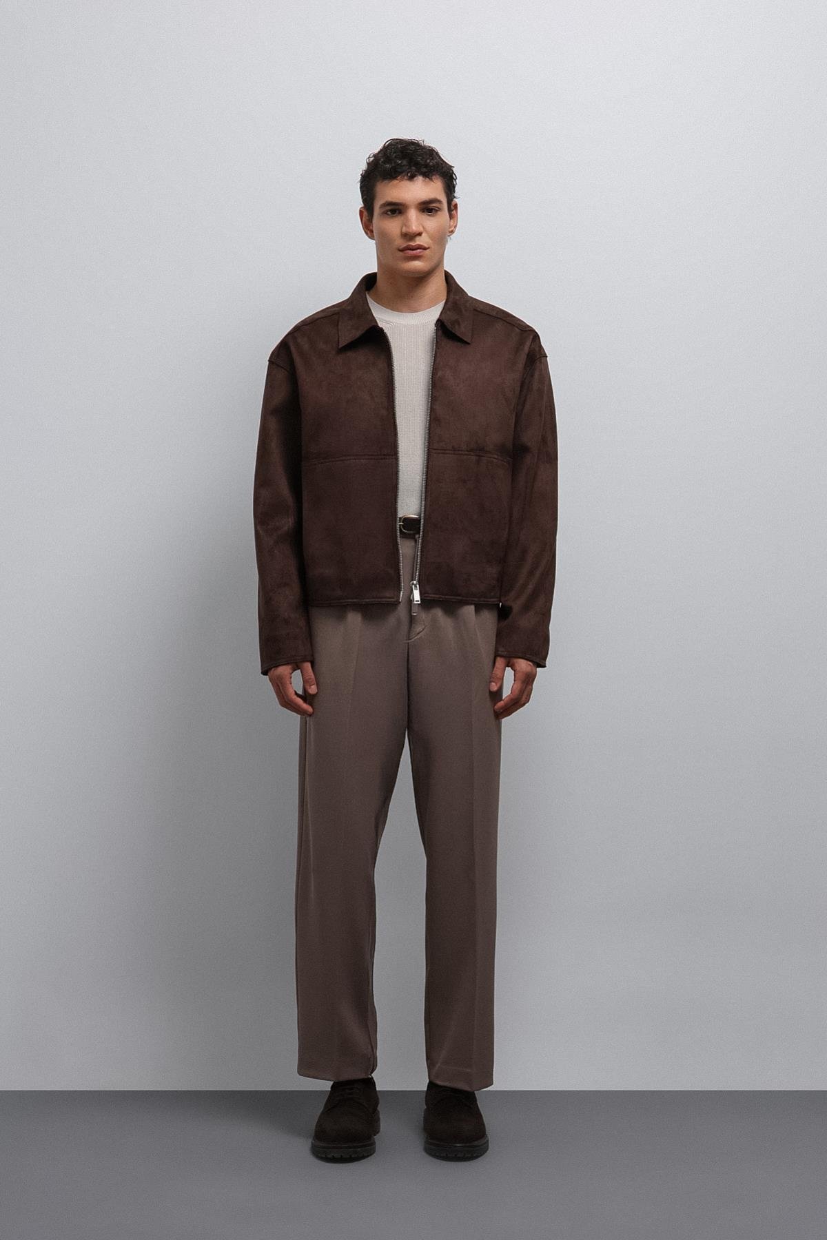 Antioch Kahve Fermuarlı Suni Süet Erkek Mont