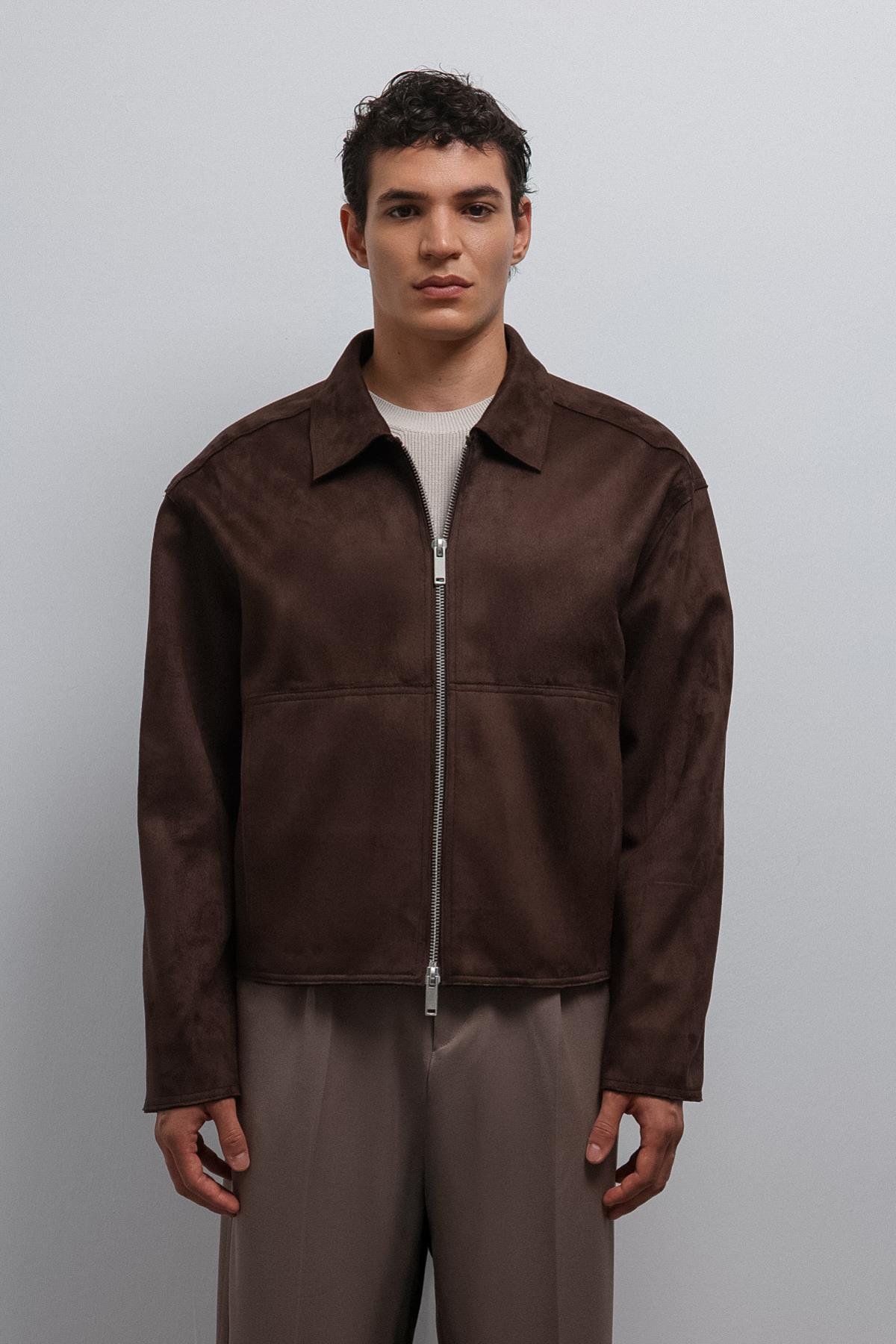 Antioch Kahve Fermuarlı Suni Süet Erkek Mont