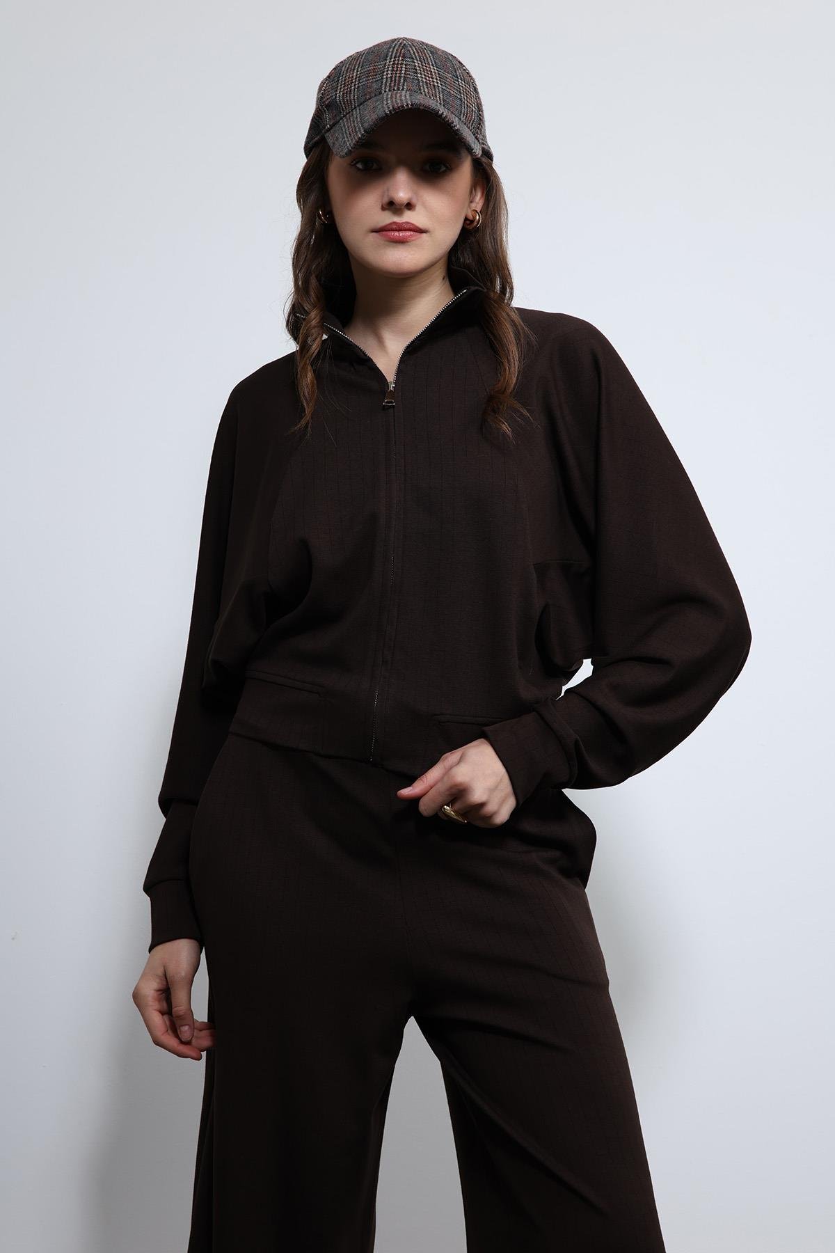 Antioch Kahve Geniş Paça Çizgili Eşofman Takım