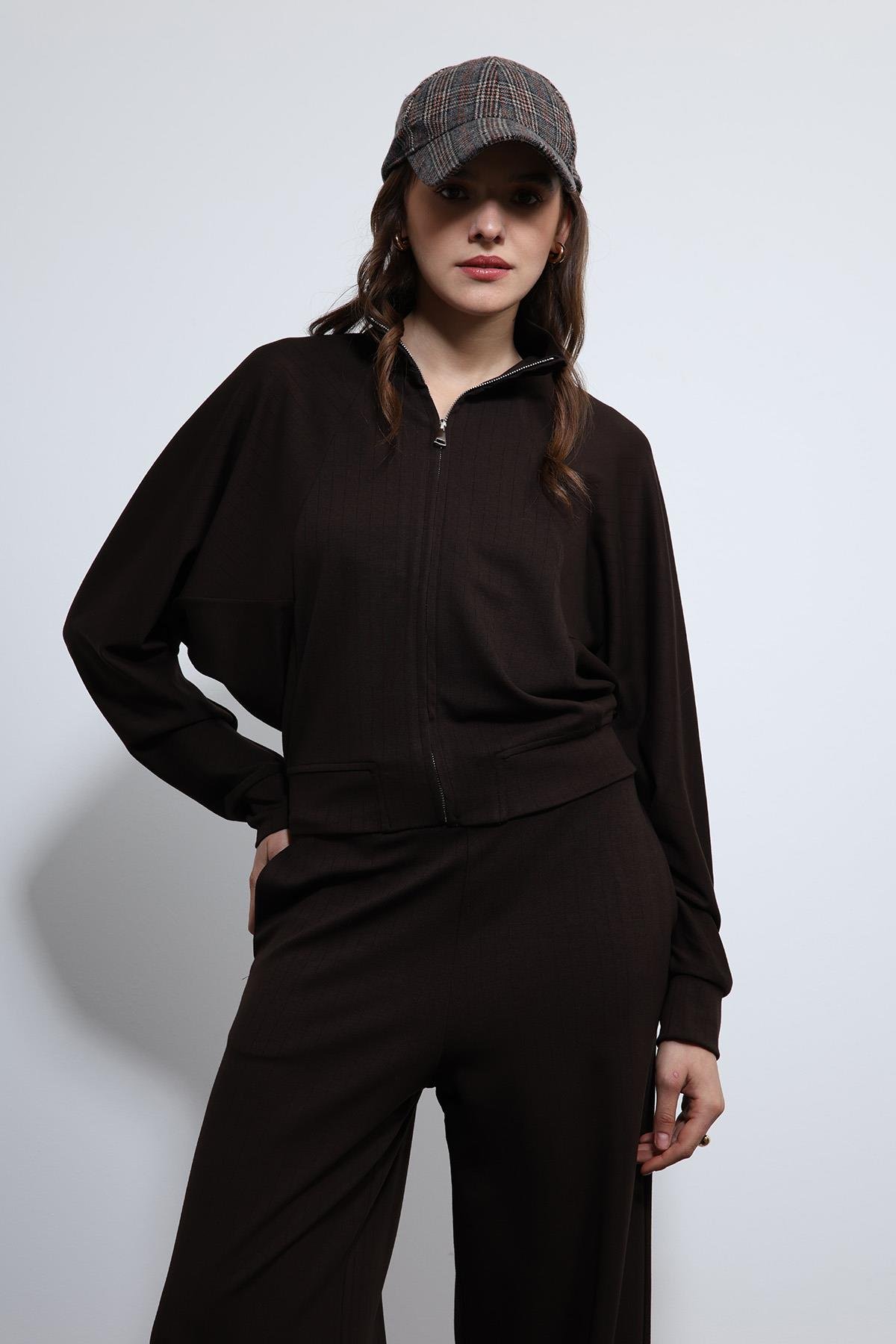 Antioch Kahve Geniş Paça Çizgili Eşofman Takım