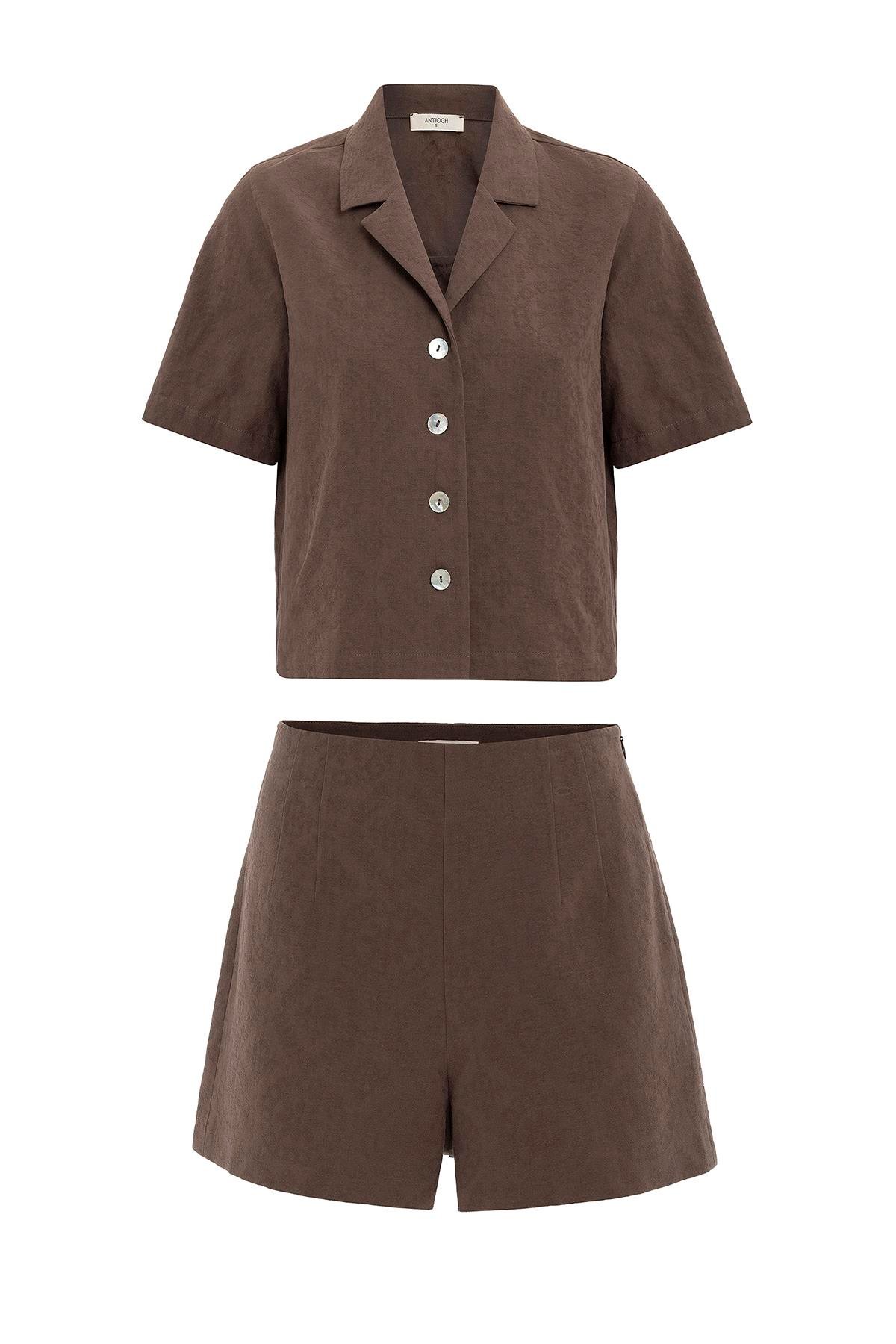 Antioch Kahve Gömlek Şort Kadın Takım