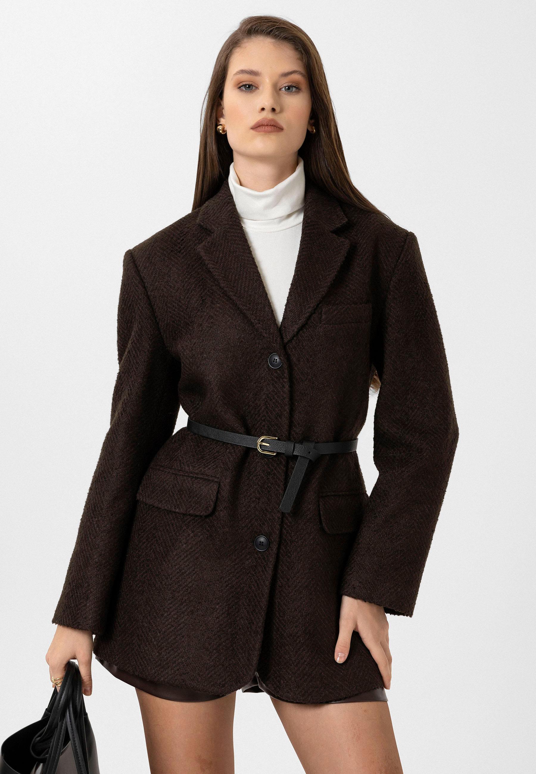 Antioch Kahve Kadın Balıksırtı Desenli Blazer Ceket