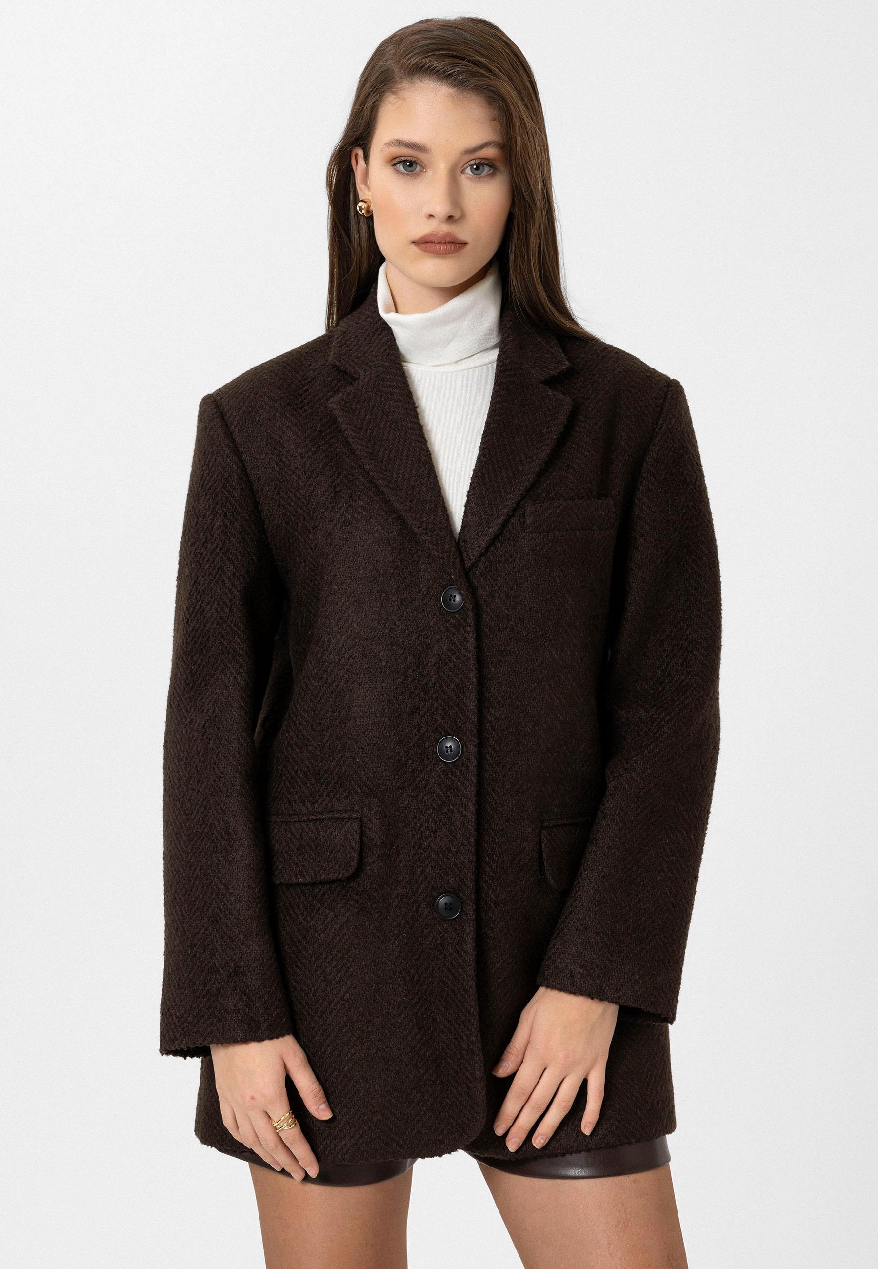 Antioch Kahve Kadın Balıksırtı Desenli Blazer Ceket