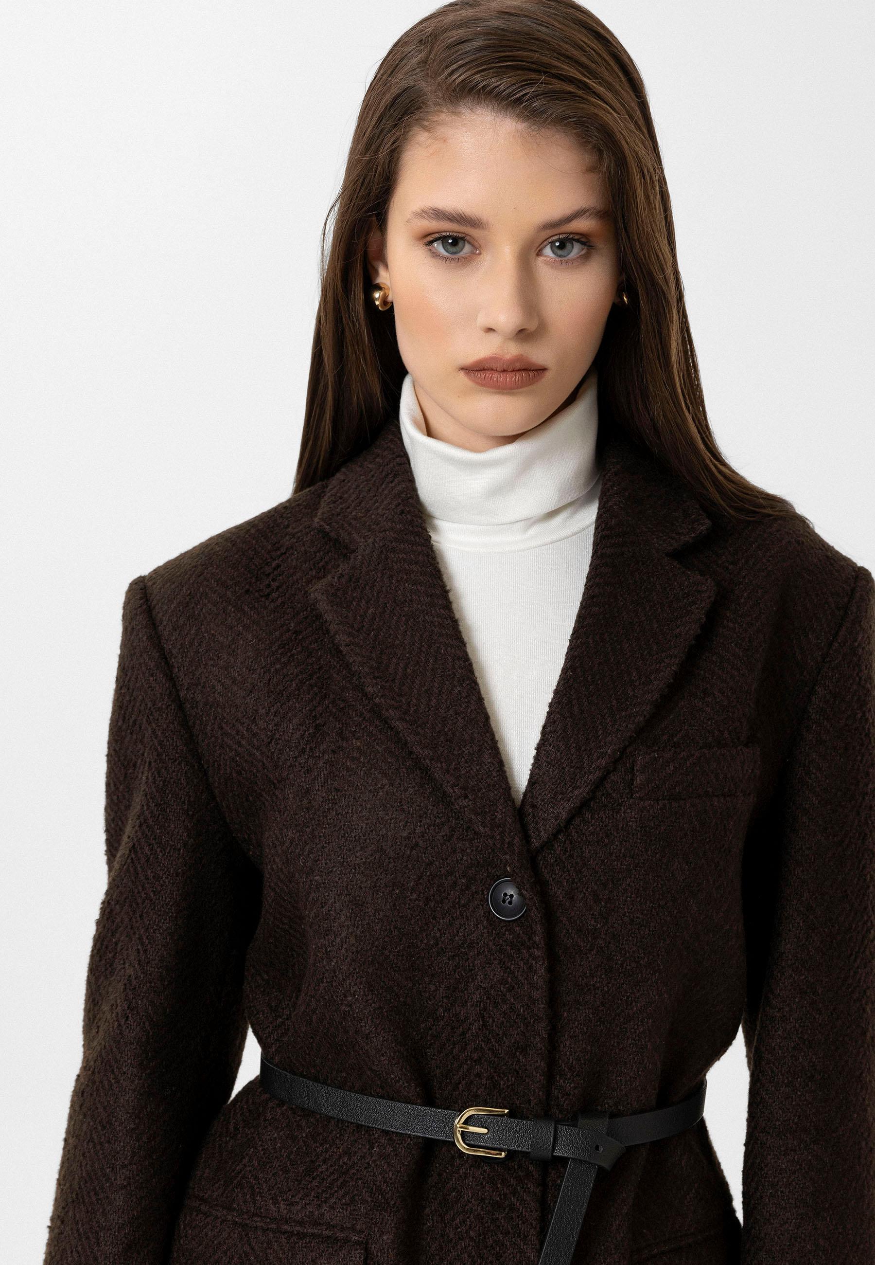 Antioch Kahve Kadın Balıksırtı Desenli Blazer Ceket