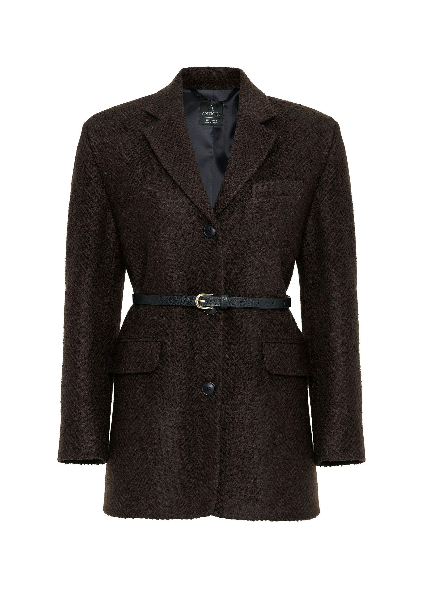 Antioch Kahve Kadın Balıksırtı Desenli Blazer Ceket