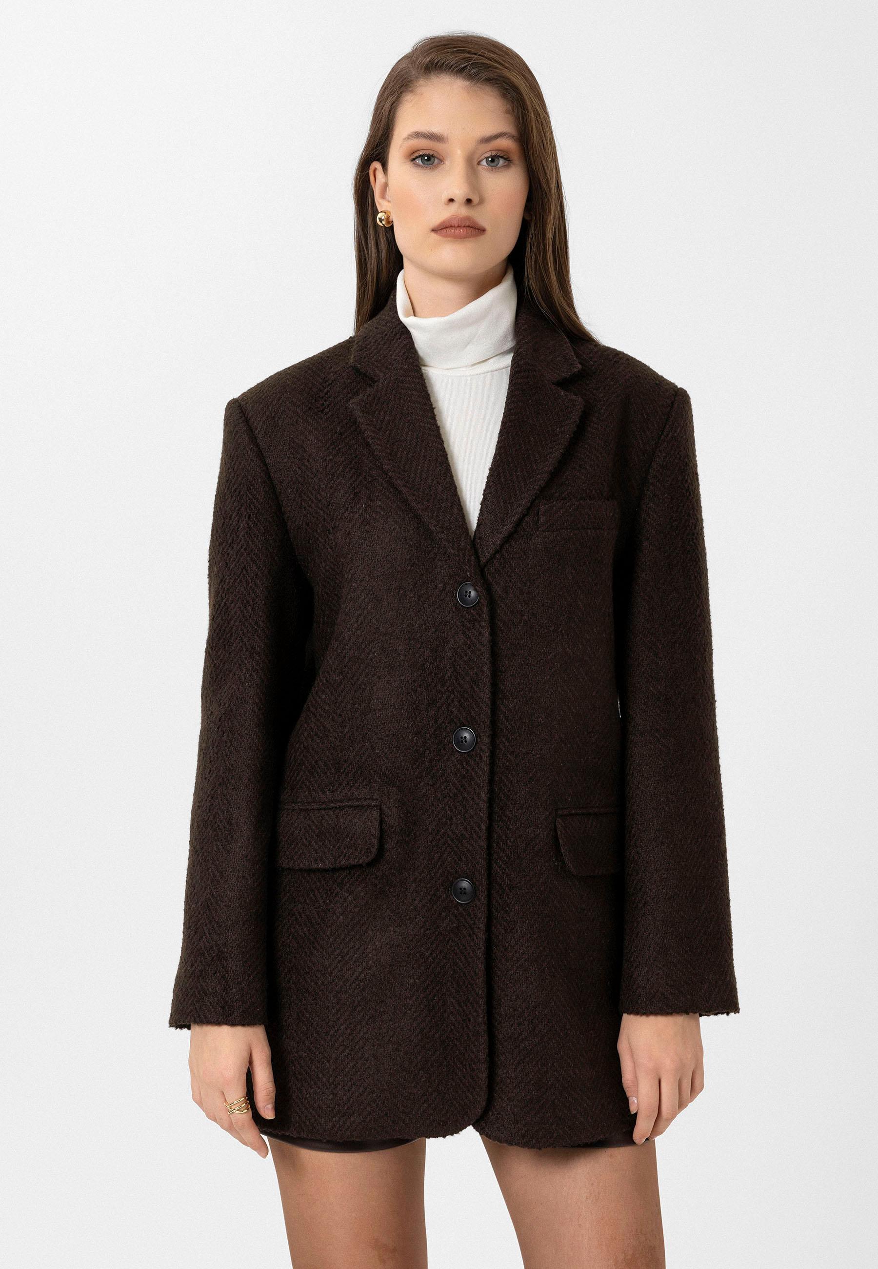 Antioch Kahve Kadın Balıksırtı Desenli Blazer Ceket