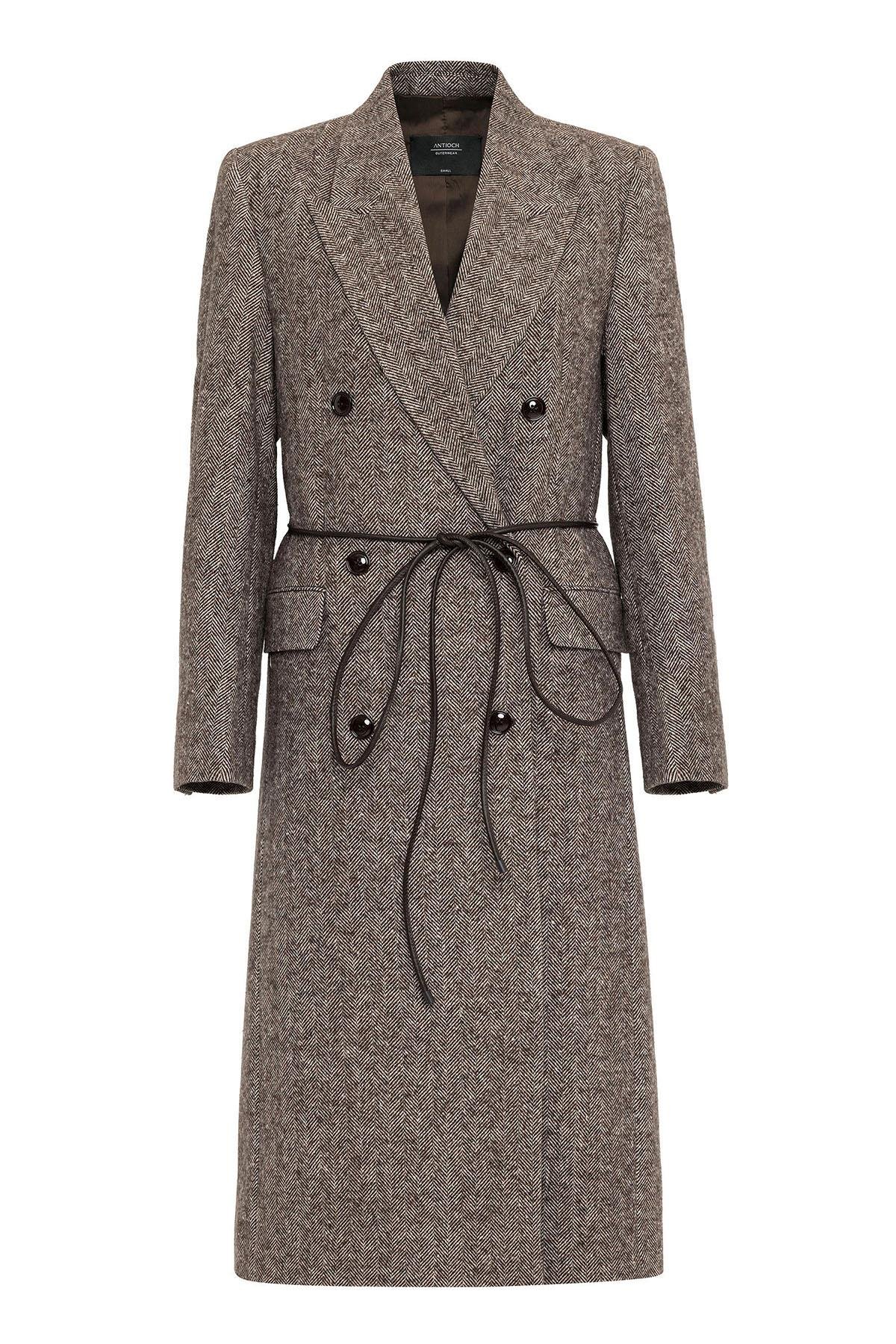 Antioch Kahve Kadın Balıksırtı Desenli Kruvaze Kaban