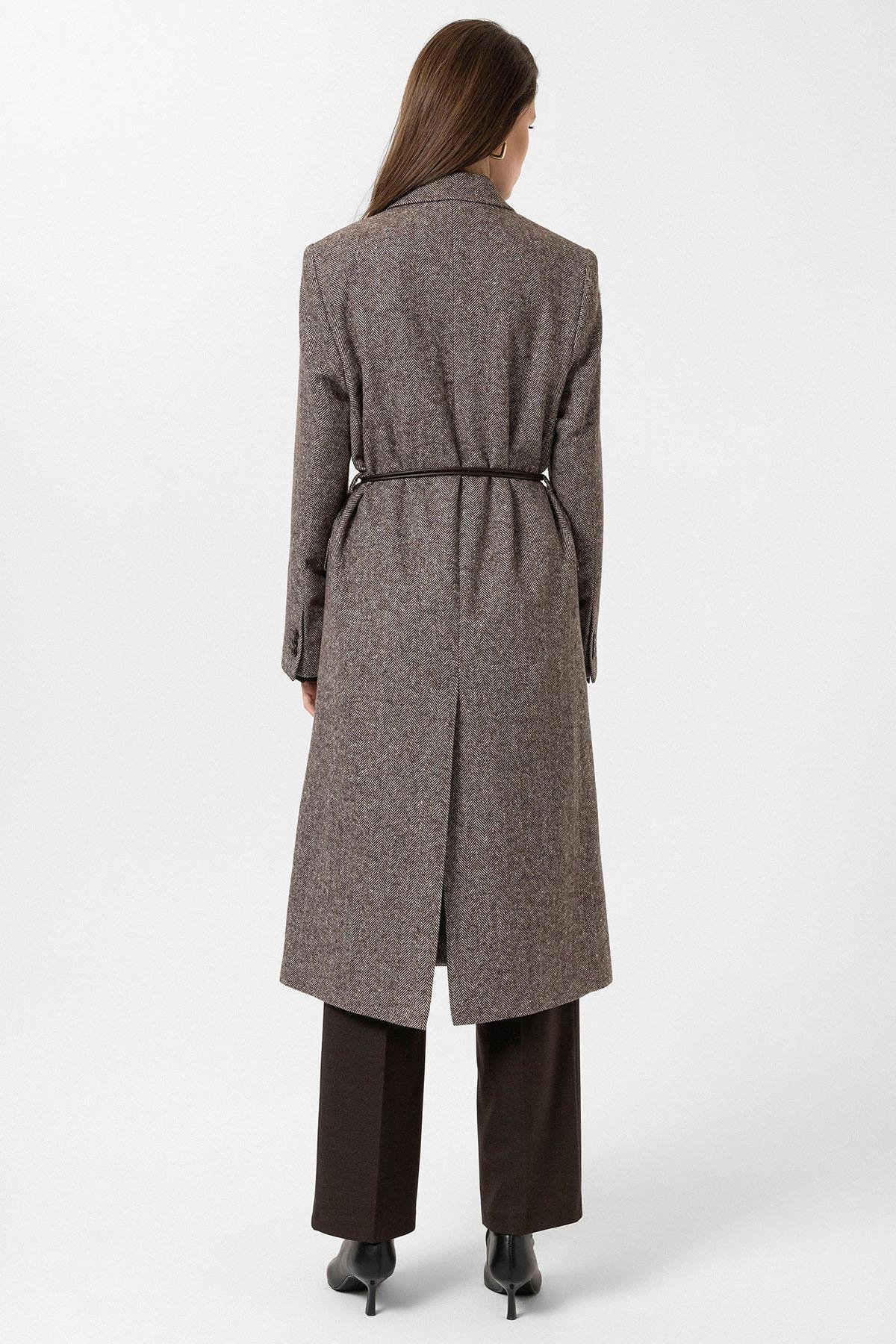 Antioch Kahve Kadın Balıksırtı Desenli Kruvaze Kaban