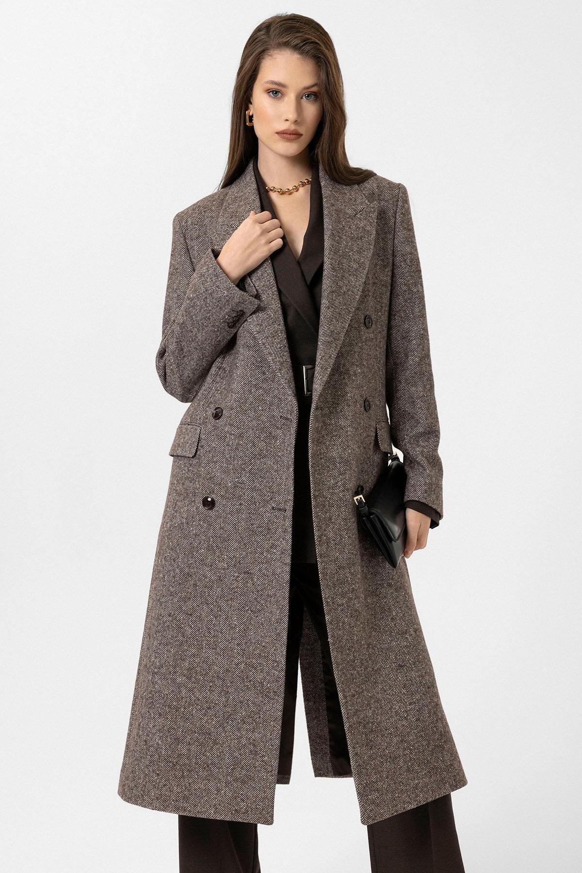 Antioch Kahve Kadın Balıksırtı Desenli Kruvaze Kaban