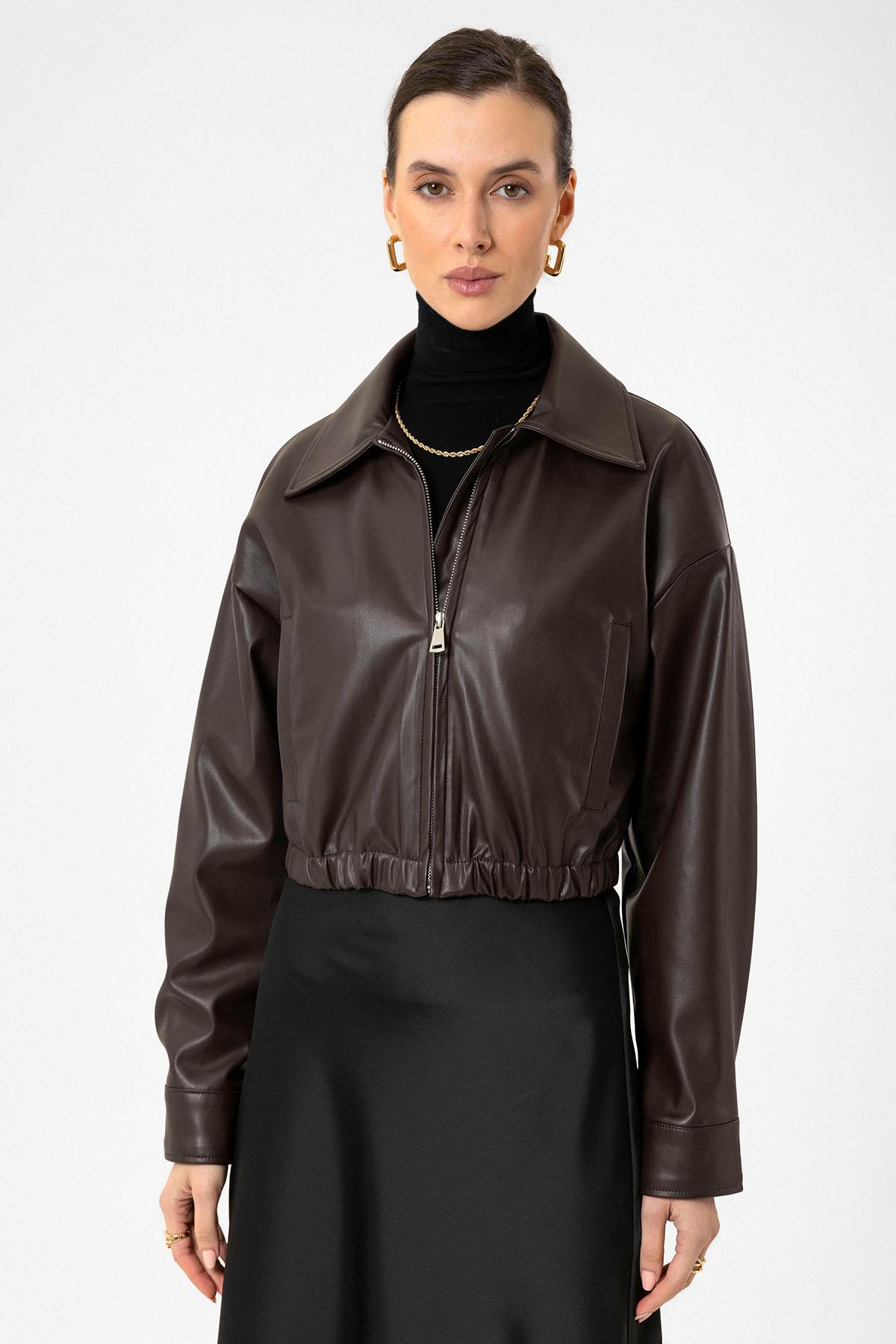 Antioch Kahve Kadın Bel Lastikli Suni Deri Mont