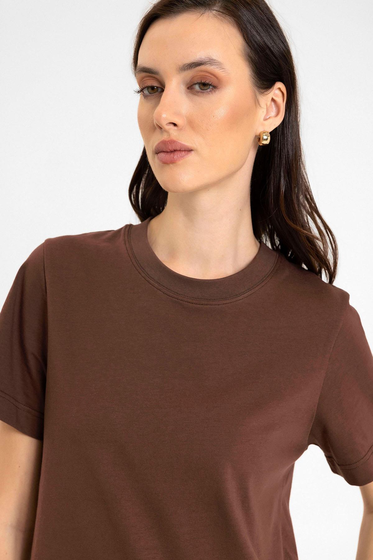 Antioch Kahve Kadın Bisiklet Yaka Basic T-Shirt