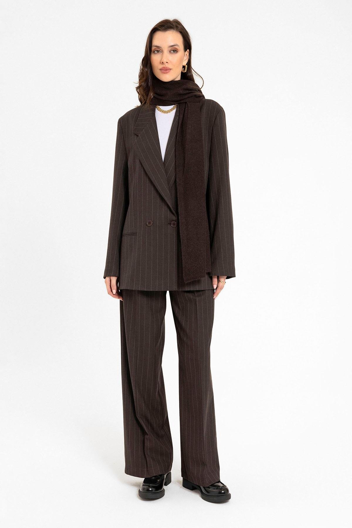 Antioch Kahve Kadın Çizgili Oversize Blazer Ceket