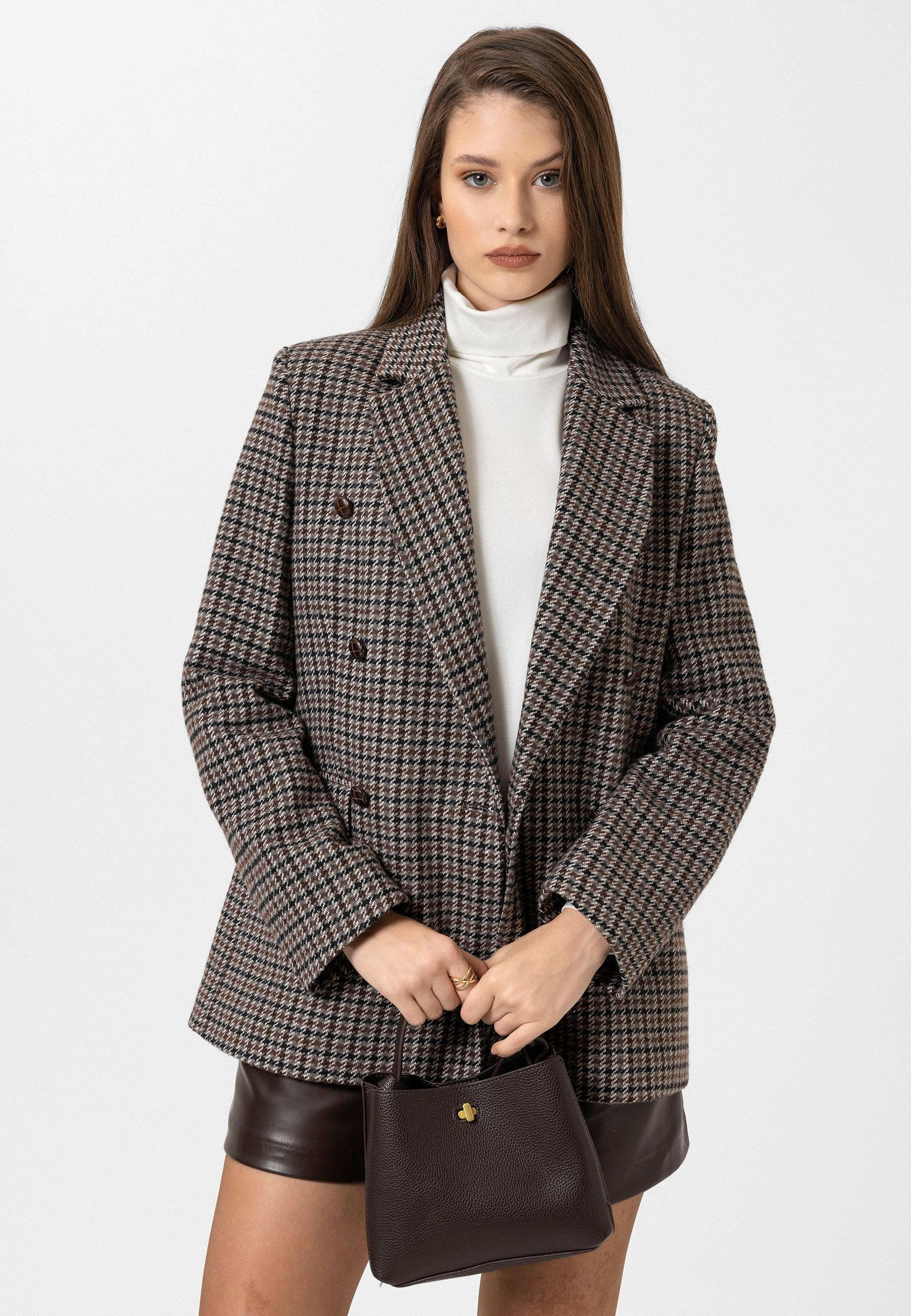 Antioch Kahve Kadın Kazayağı Desenli Blazer Ceket