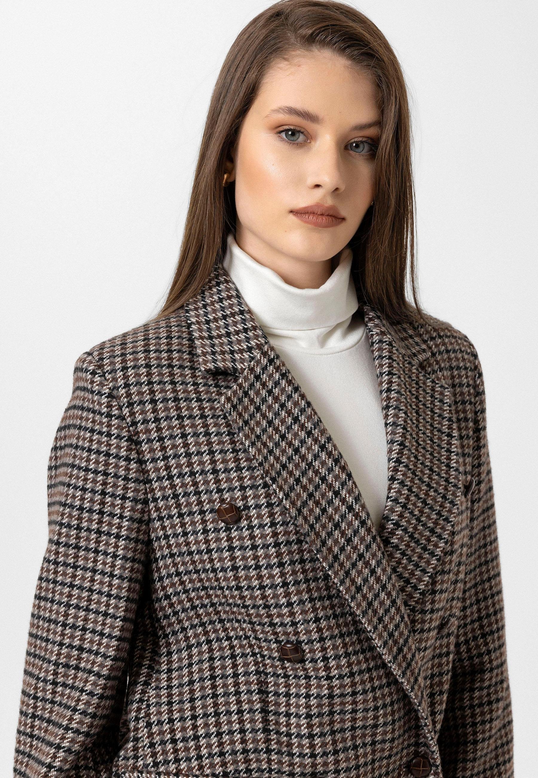 Antioch Kahve Kadın Kazayağı Desenli Blazer Ceket