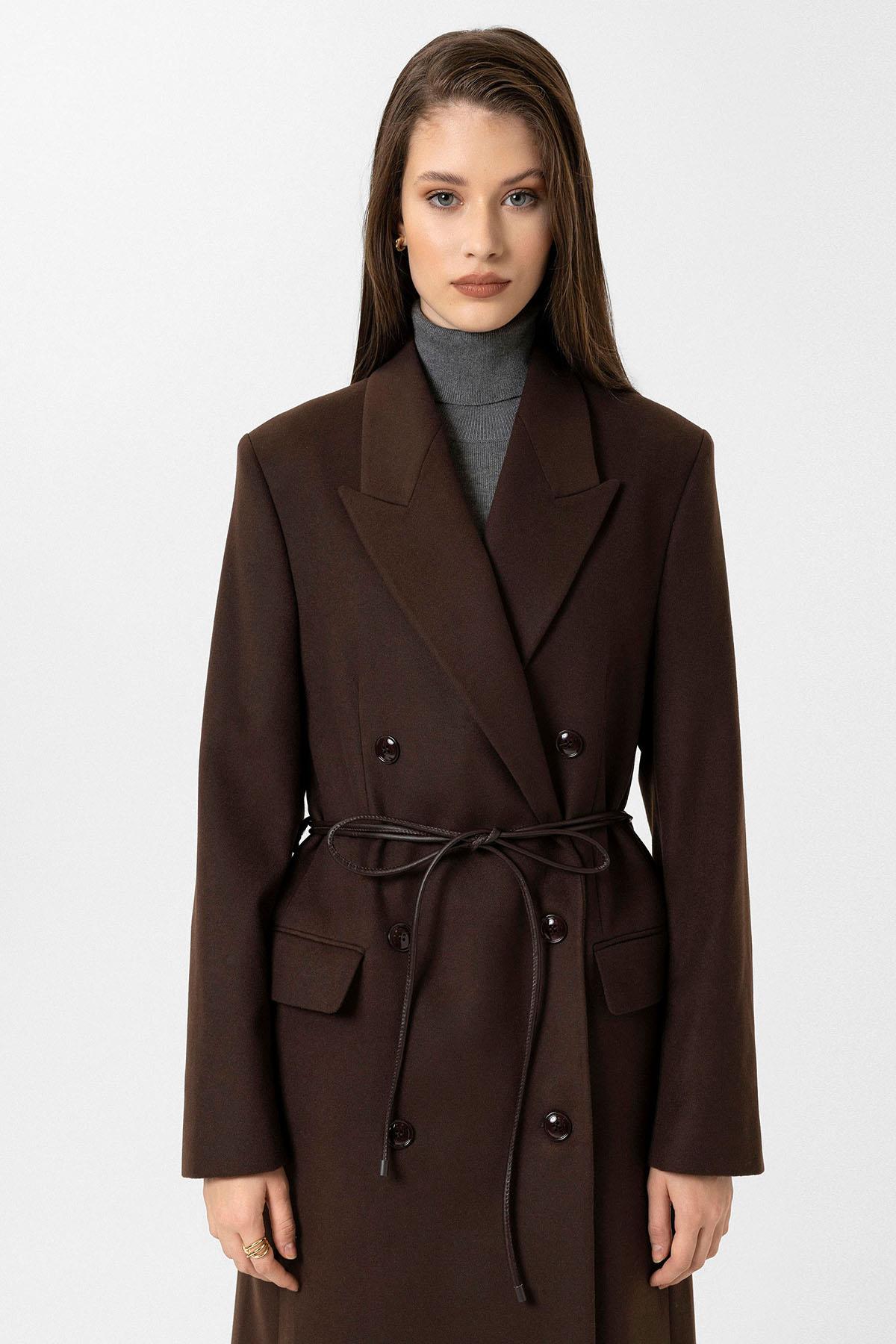 Antioch Kahve Kadın Kemerli Kruvaze Kaban