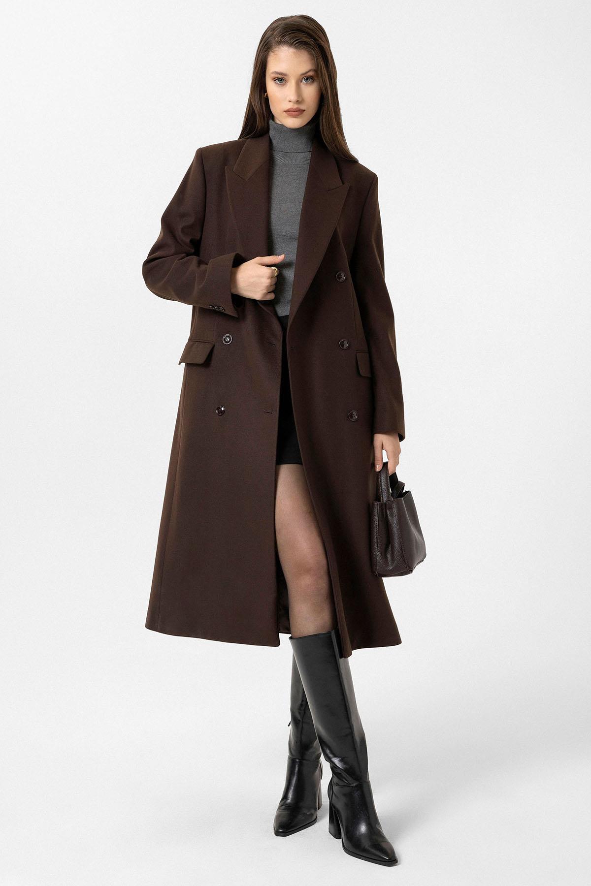 Antioch Kahve Kadın Kemerli Kruvaze Kaban