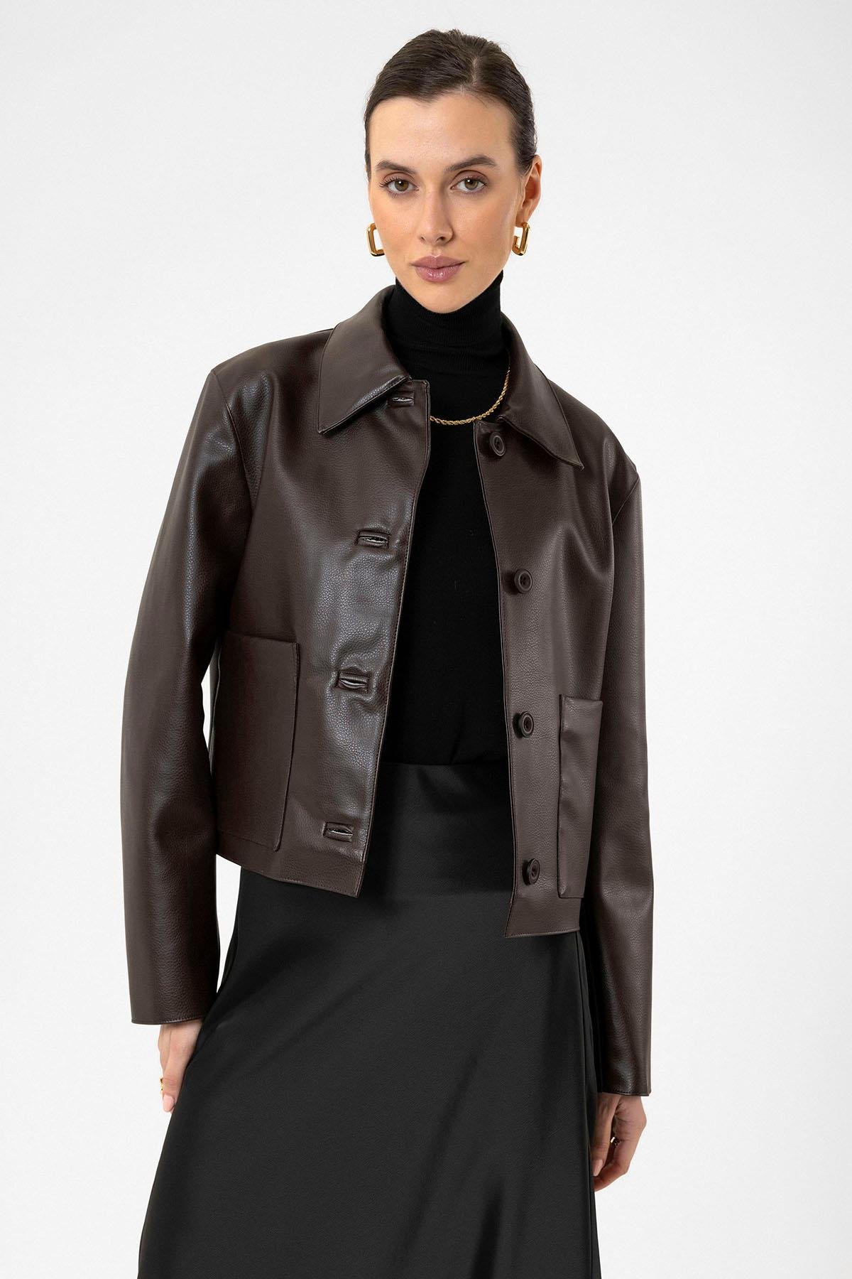 Antioch Kahve Kadın Polo Yaka Suni Deri Ceket