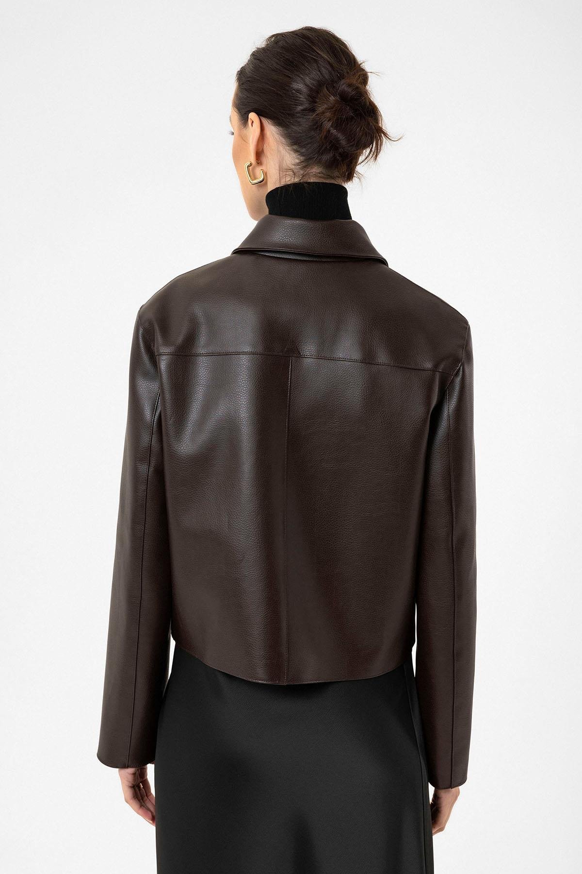 Antioch Kahve Kadın Polo Yaka Suni Deri Ceket