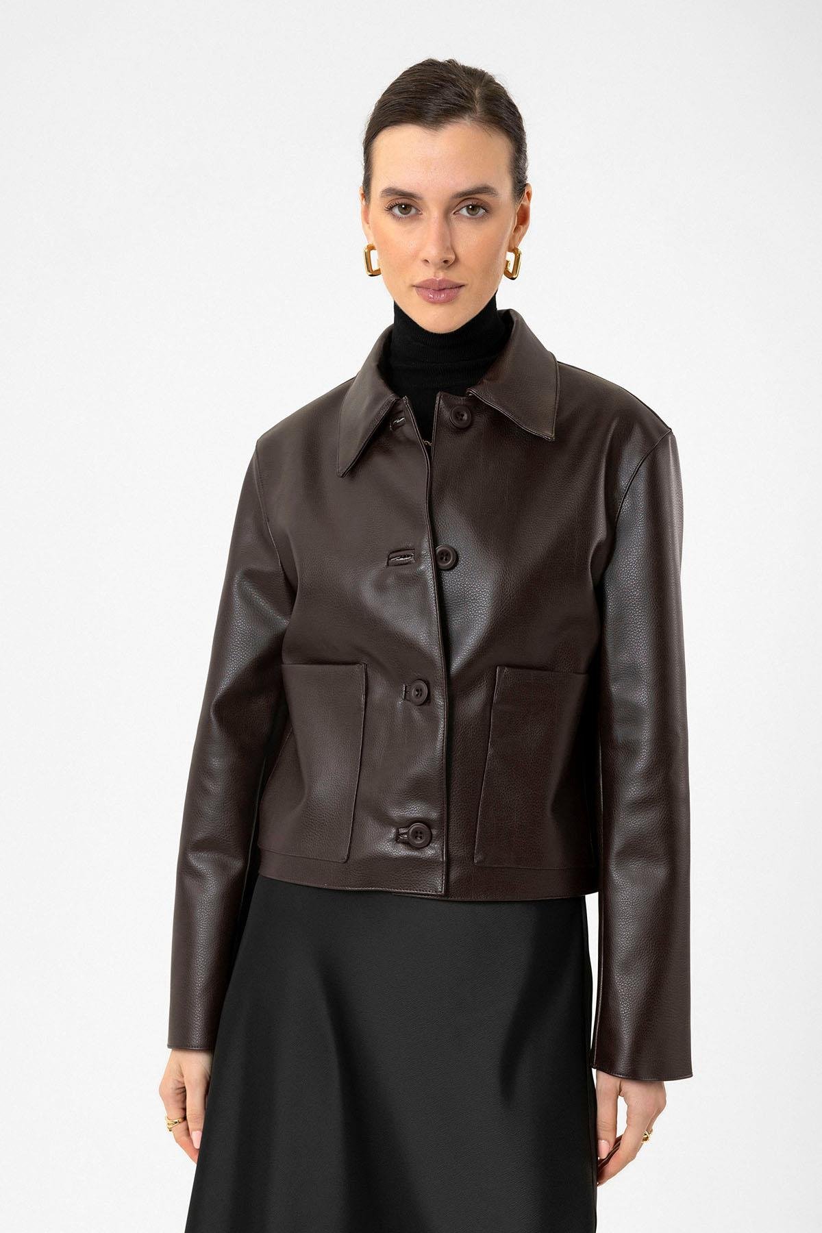 Antioch Kahve Kadın Polo Yaka Suni Deri Ceket