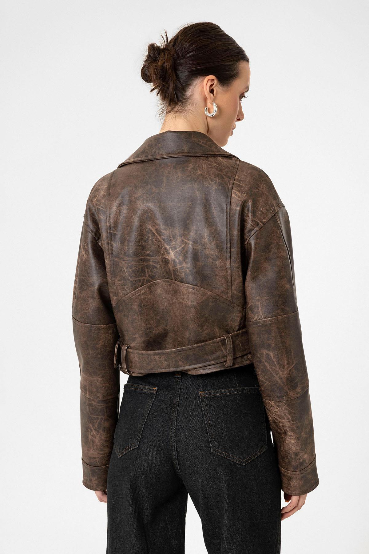 Antioch Kahve Kadın Suni Deri Crop Biker Ceket