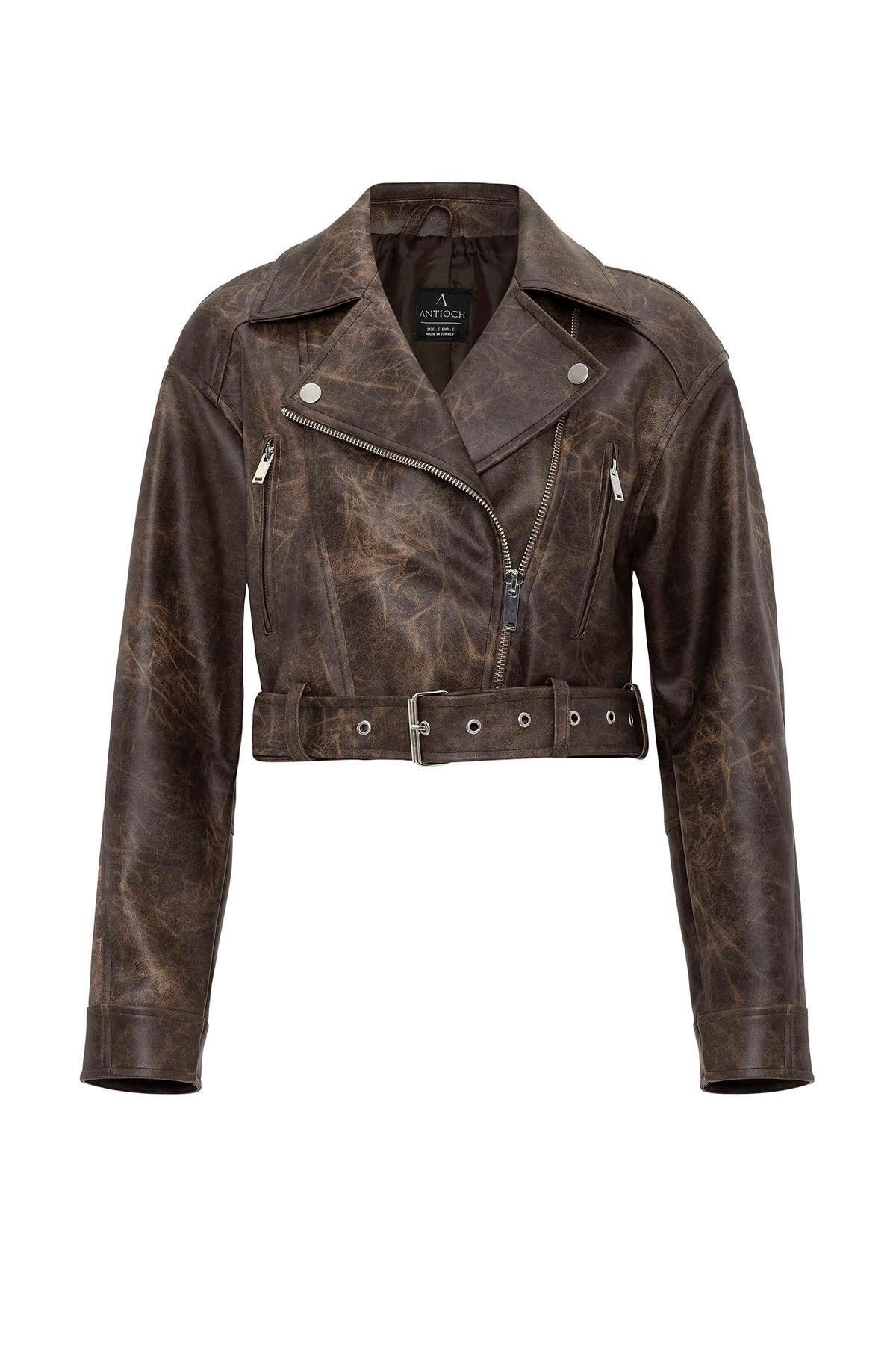 Antioch Kahve Kadın Suni Deri Crop Biker Ceket