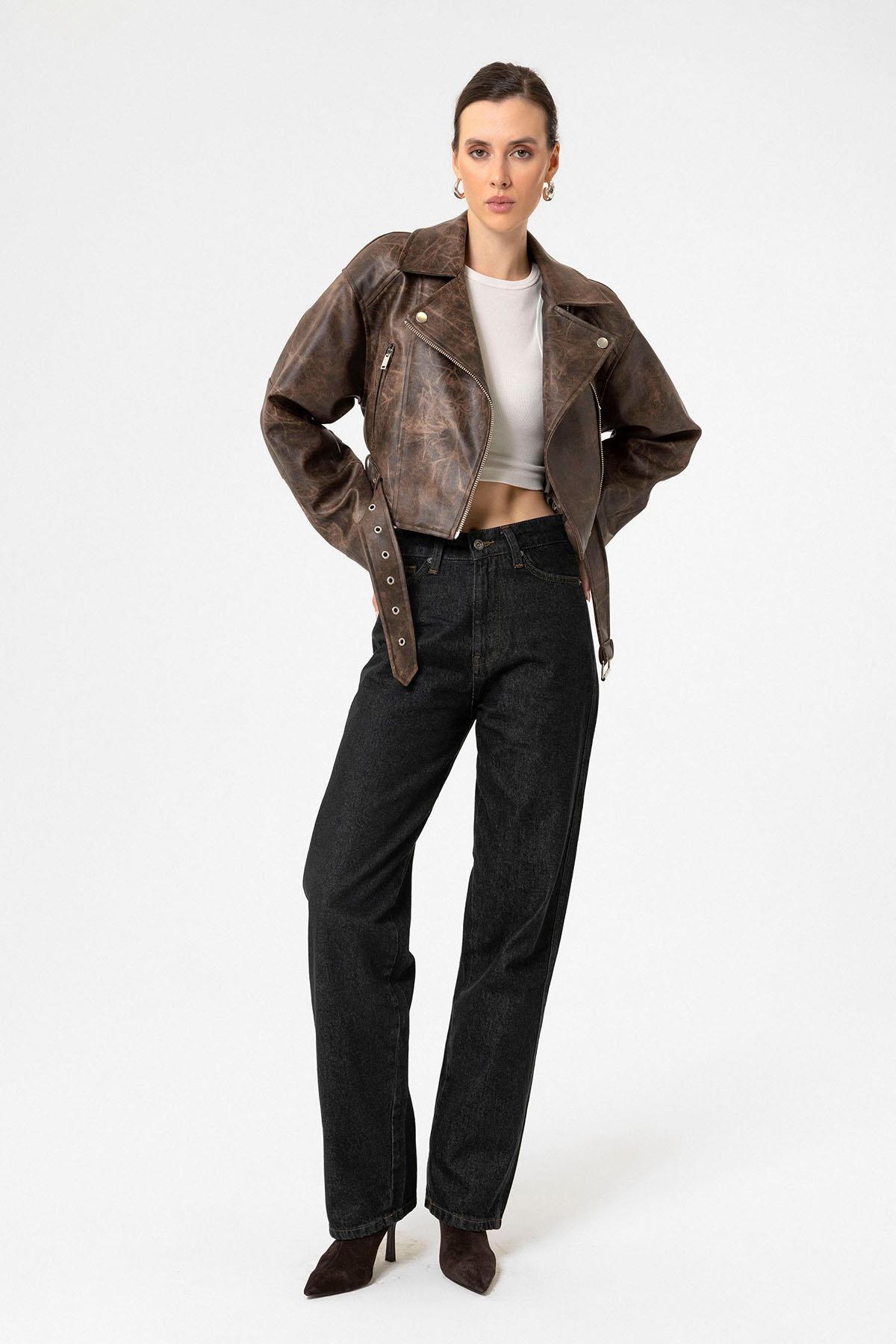 Antioch Kahve Kadın Suni Deri Crop Biker Ceket