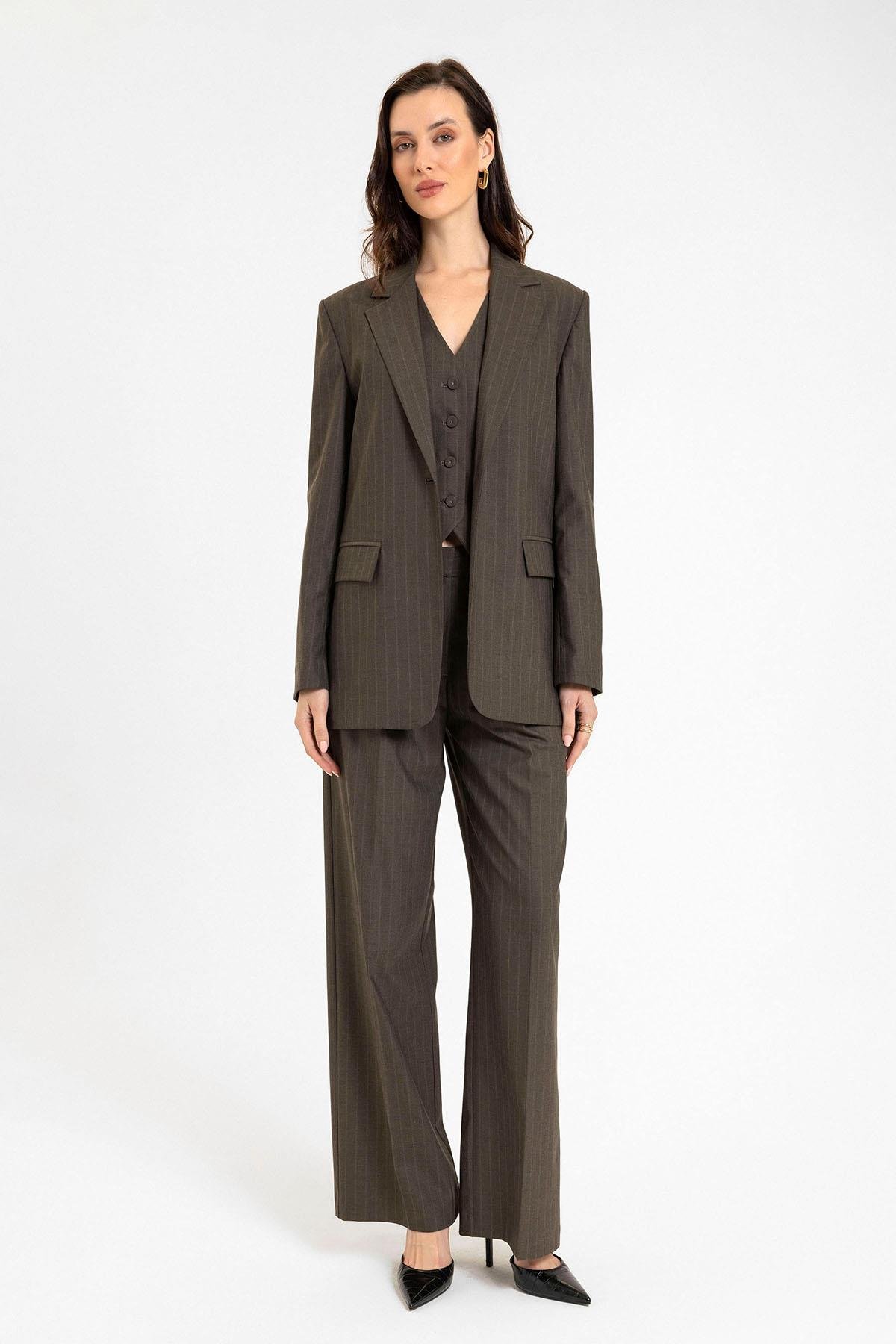 Antioch Kahve Kadın Tek Düğme Çizgili Blazer Ceket