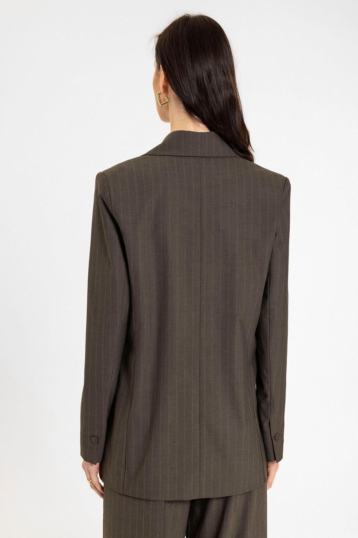 Antioch Kahve Kadın Tek Düğme Çizgili Blazer Ceket