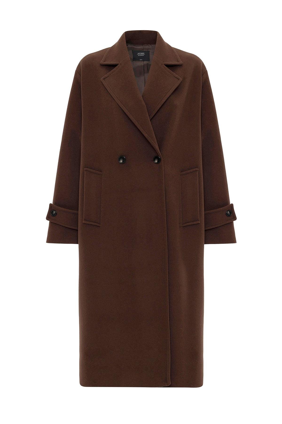 Antioch Kahve Kadın Yumuşak Dokulu Oversize Kruvaze Kaban