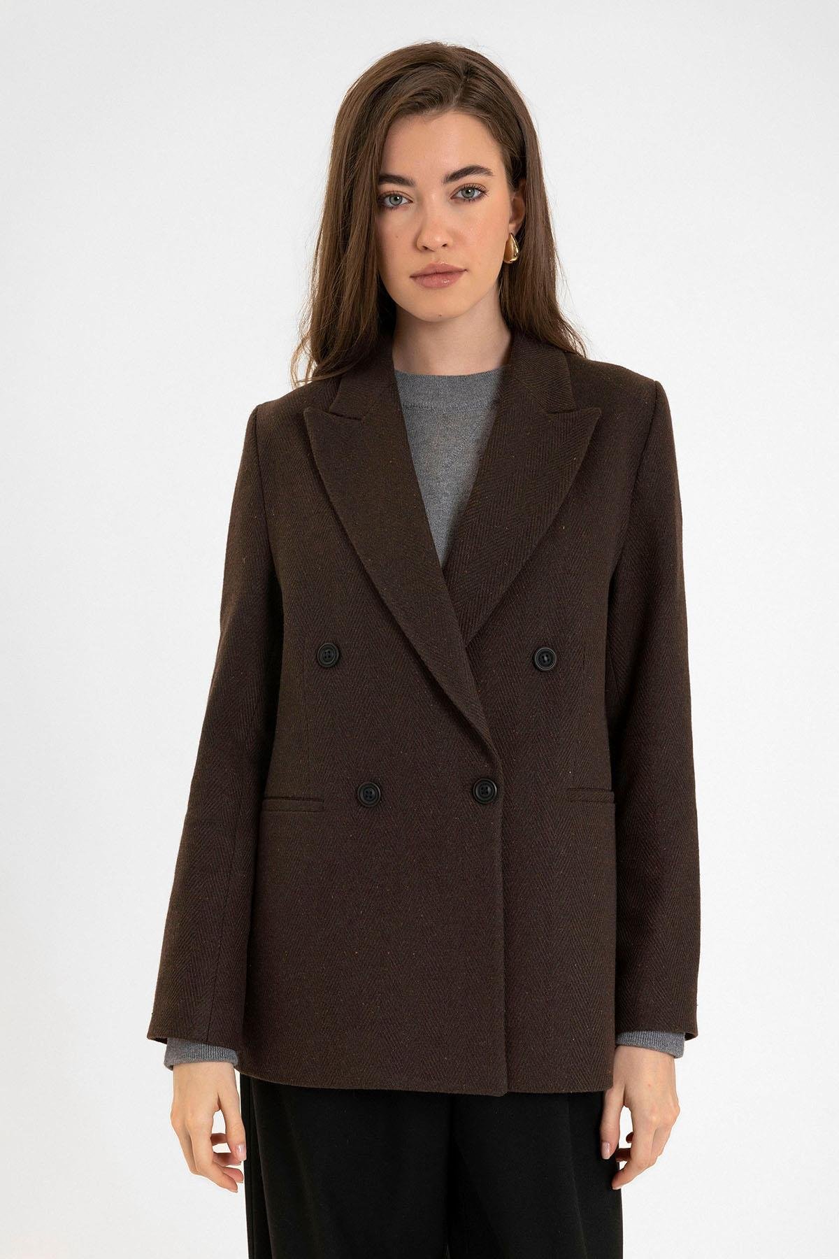 Antioch Kahve Kadın Yün Karışımlı Balıksırtı Desenli Blazer Ceket