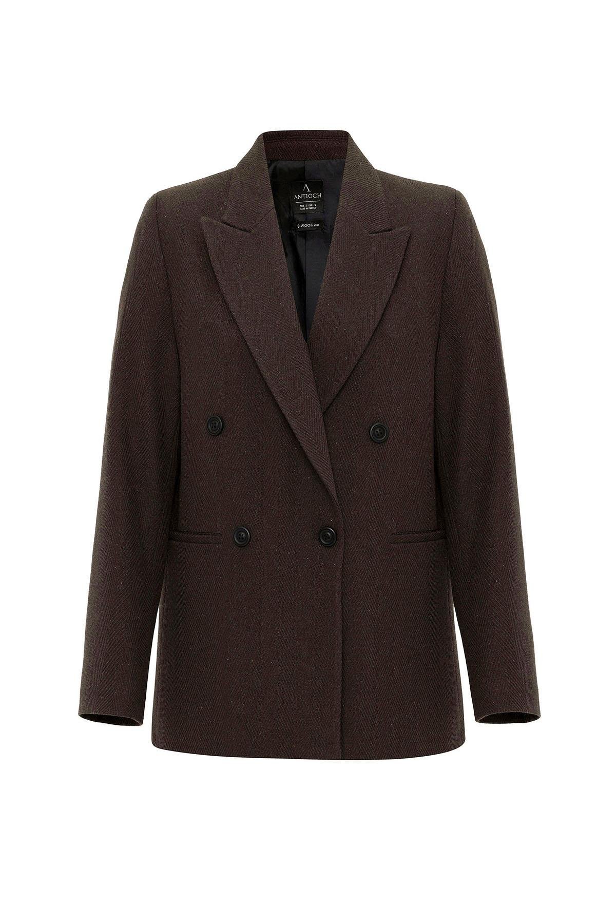 Antioch Kahve Kadın Yün Karışımlı Balıksırtı Desenli Blazer Ceket