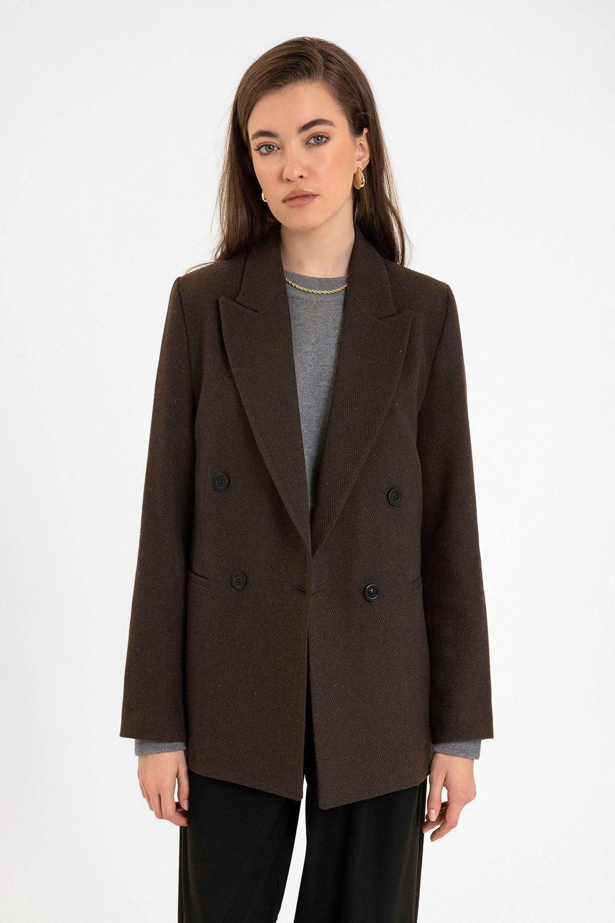 Antioch Kahve Kadın Yün Karışımlı Balıksırtı Desenli Blazer Ceket