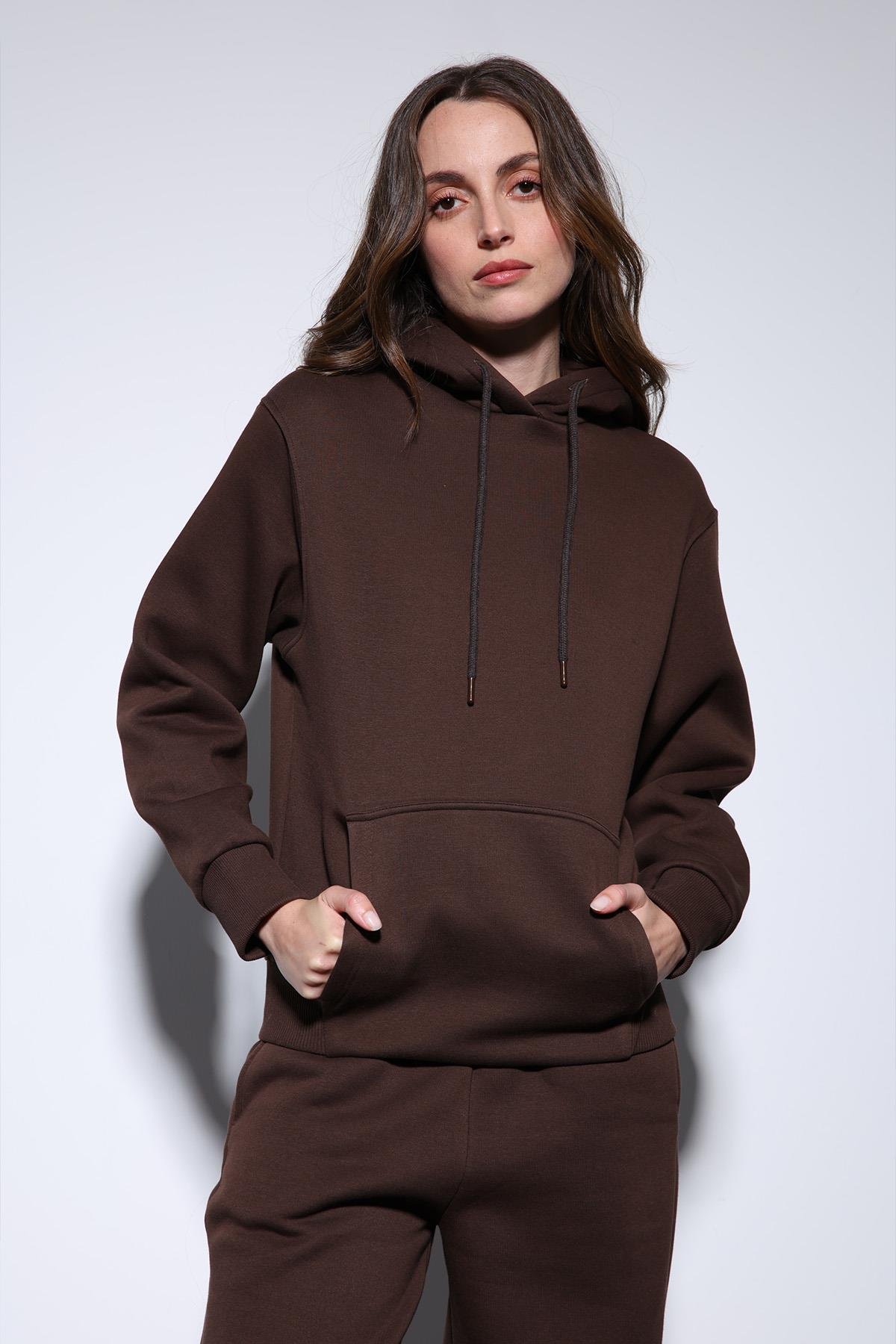 Antioch Kahve Kapüşonlu Basic Kadın Sweatshirt