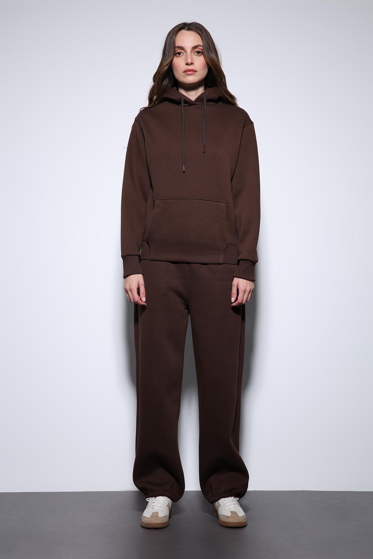 Antioch Kahve Kapüşonlu Basic Kadın Sweatshirt