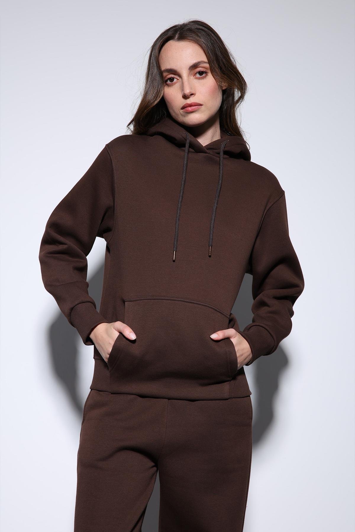Antioch Kahve Kapüşonlu Basic Kadın Sweatshirt