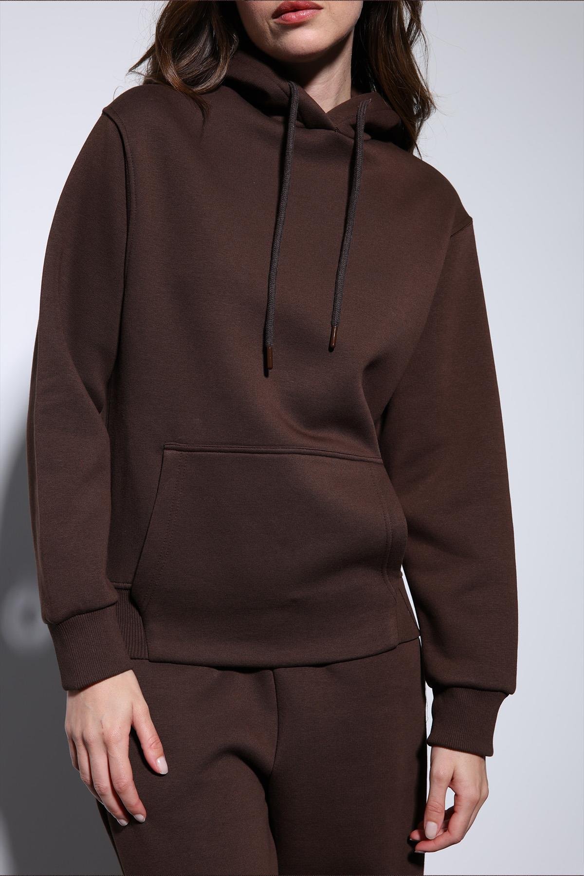 Antioch Kahve Kapüşonlu Basic Kadın Sweatshirt