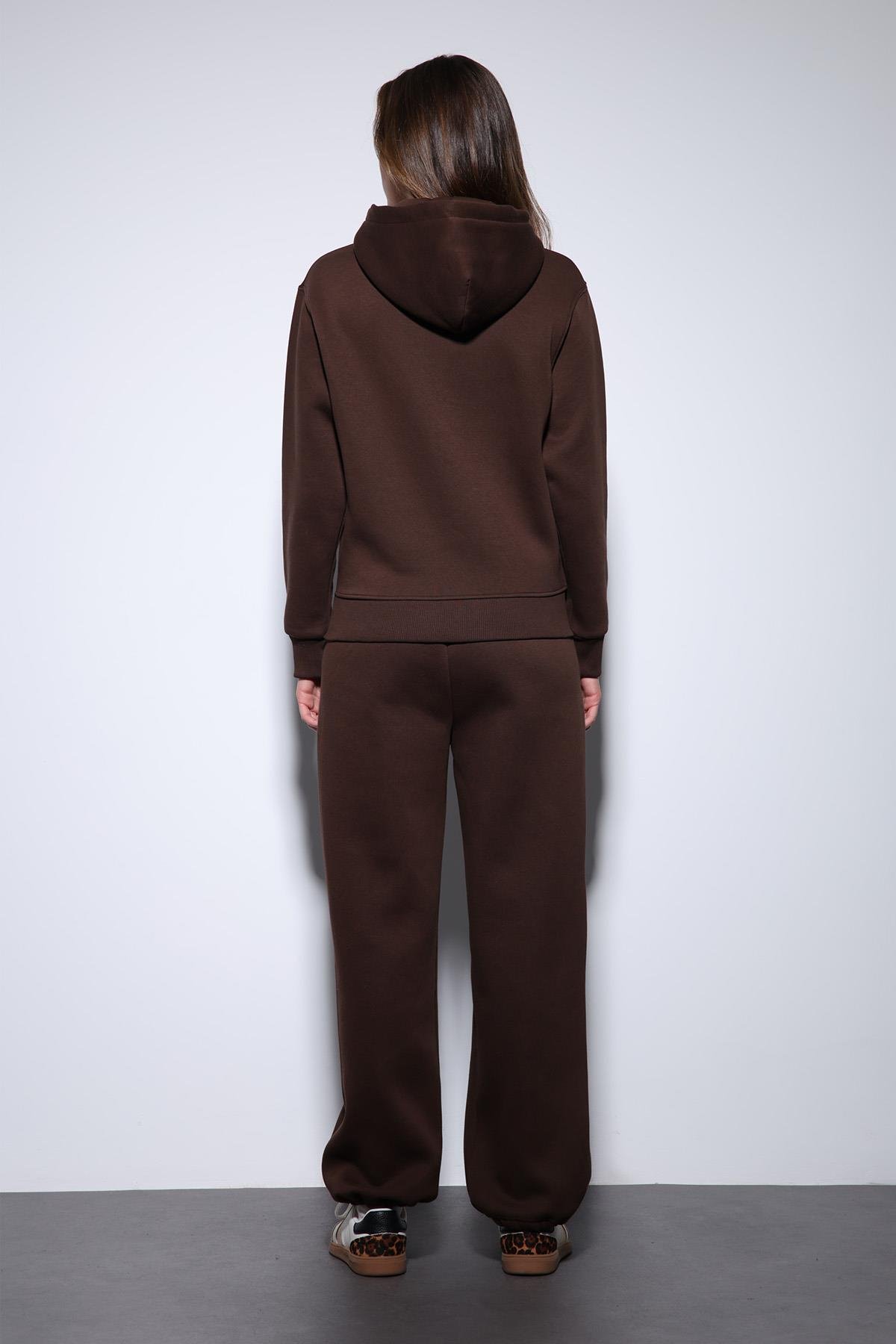 Antioch Kahve Kapüşonlu Basic Kadın Sweatshirt