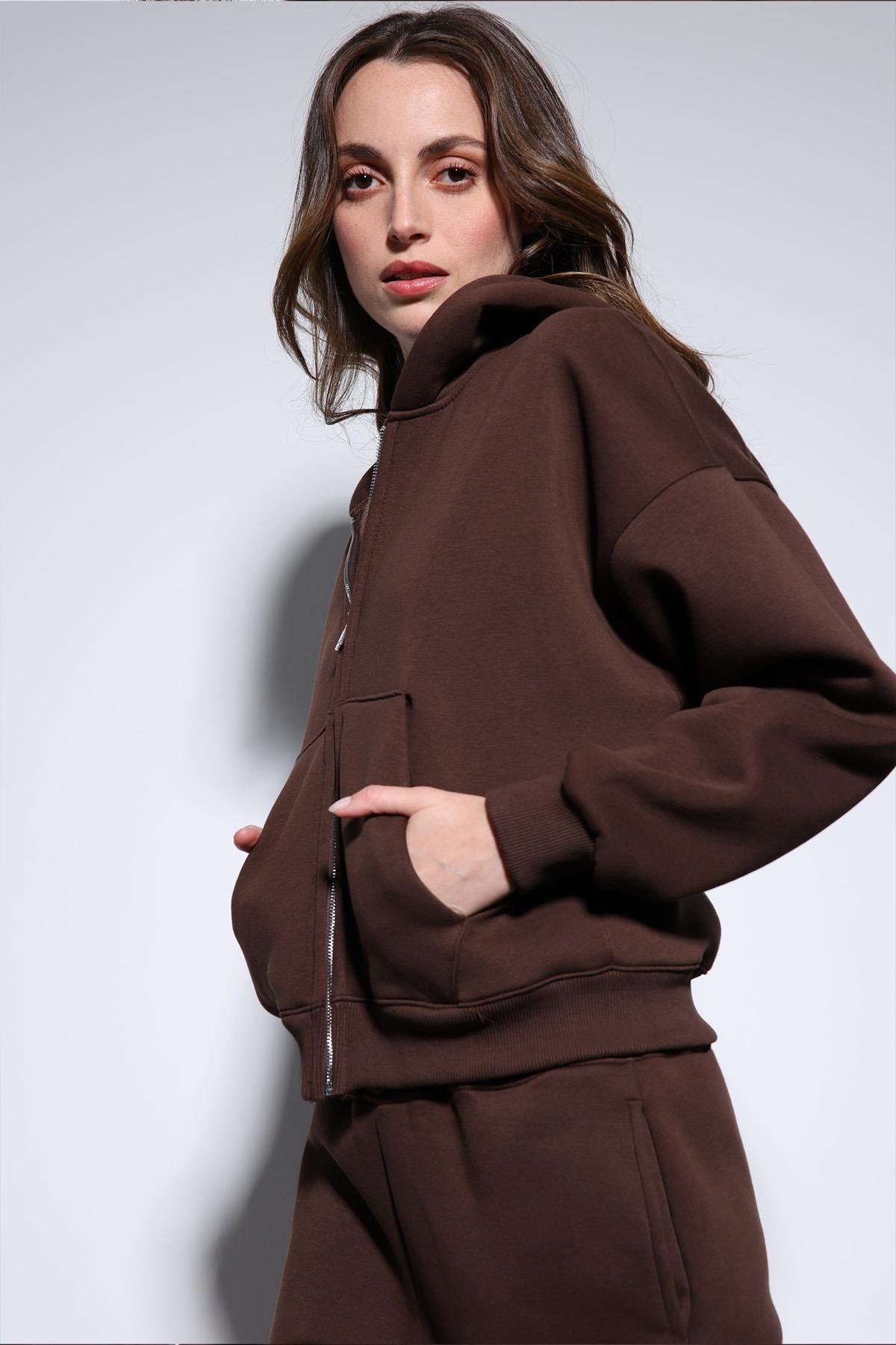 Antioch Kahve Kapüşonlu Sweatshirt Kadın Eşofman Takım